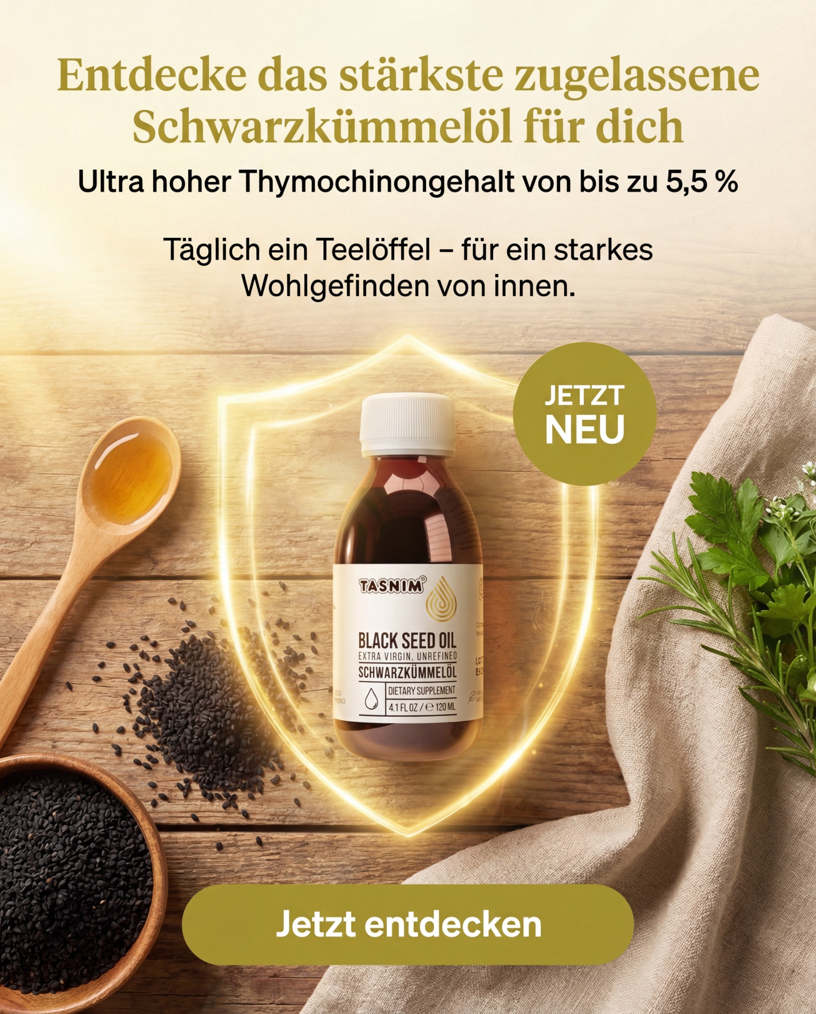 Tasnim DACH Facebook ad: Tasnim, kaltgepresst, laborgeprüft, apothekenzugelassen…