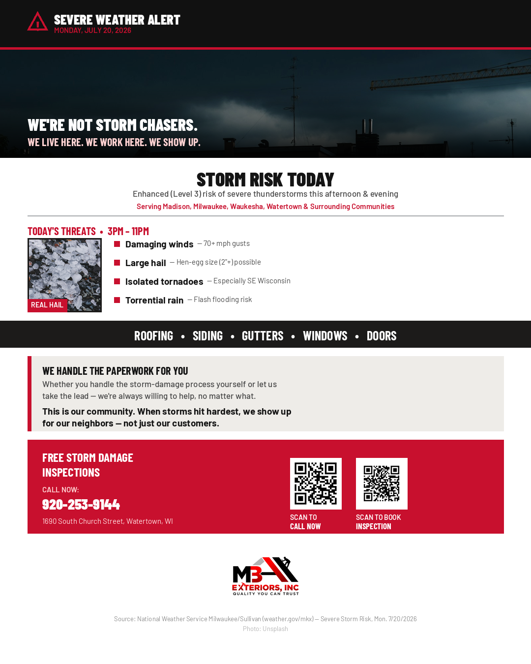 MBA Exteriors Inc Facebook ad: Free Storm Damage Inspection - Call 920-253-9144