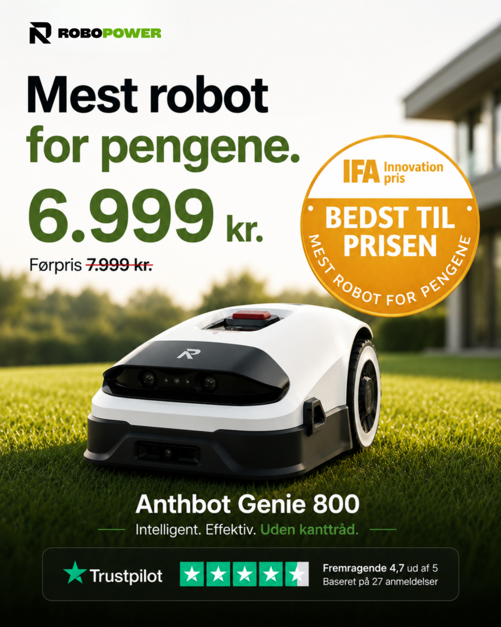 Robopower - robotplæneklippere med bedre service Facebook ad: Din nye havemand, kun 6.999 kr.