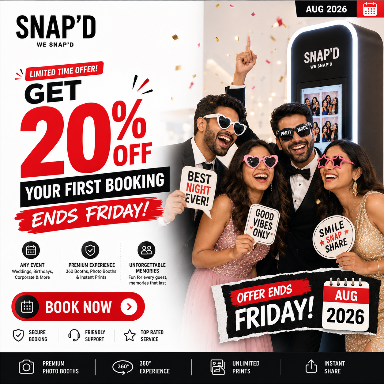 Snap’d - Photo-Booth Rental Facebook ad: Book This Week, Save 20%