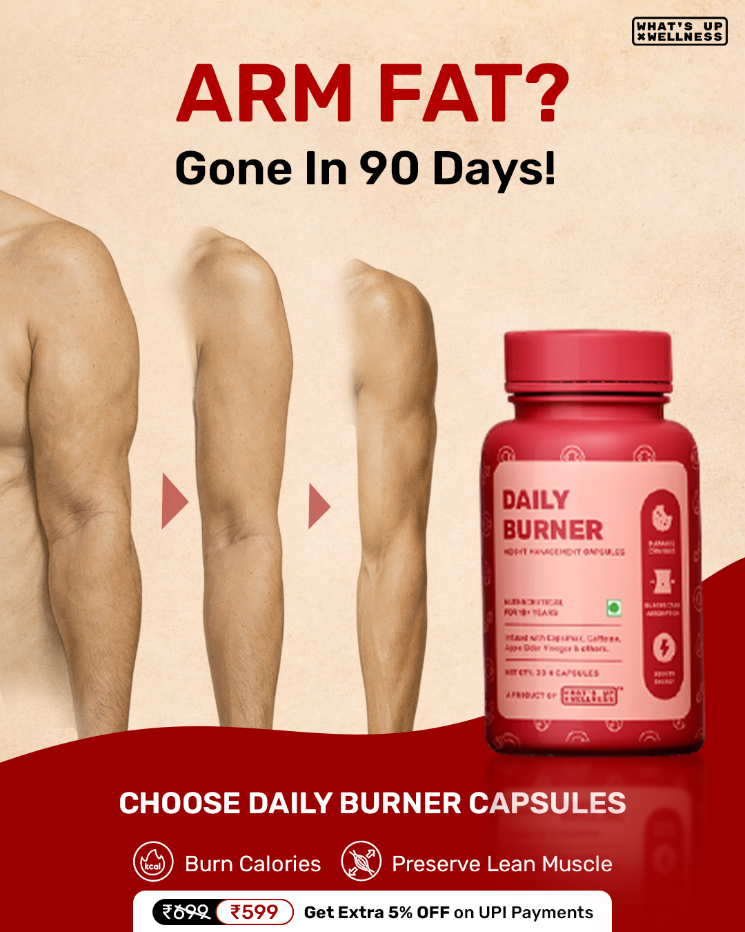 Daily Burner by What's Up Wellness Facebook ad: Flat Rs. 100/- OFF + Extra 5% OFF On Prepaid | Code: WHATSUP