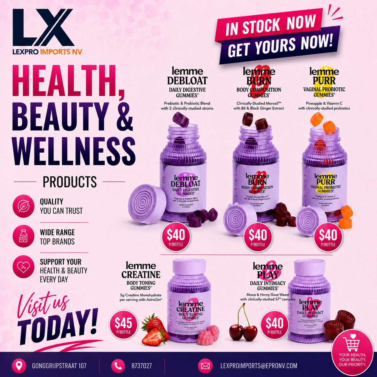 LEXPRO Imports NV Facebook ad: LEMME WELLNESS SUPPLEMENTS, NOW IN STOCK!
