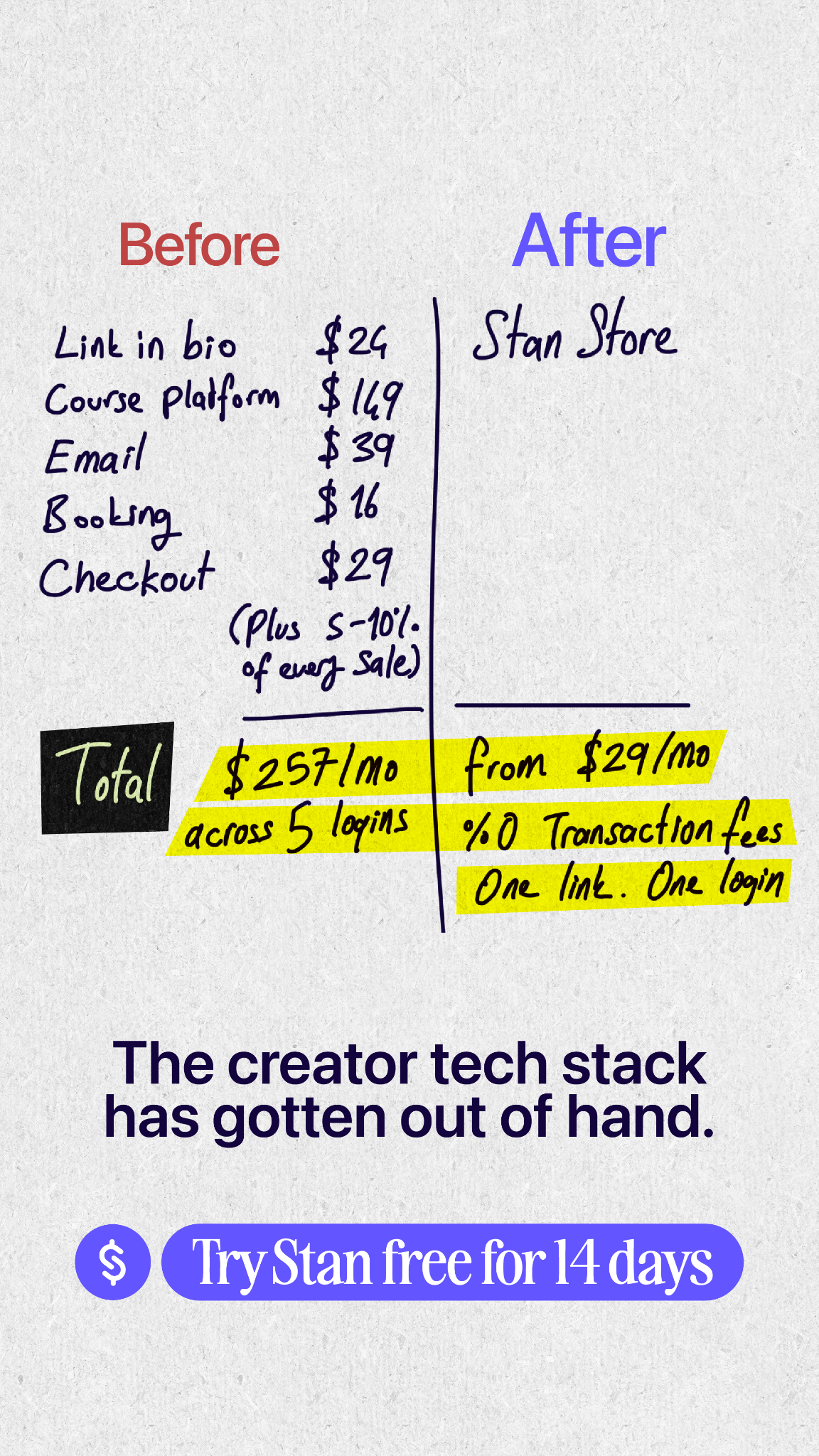 Stan - Monetize Your Content Facebook ad: Replace $443 of Apps With One Link