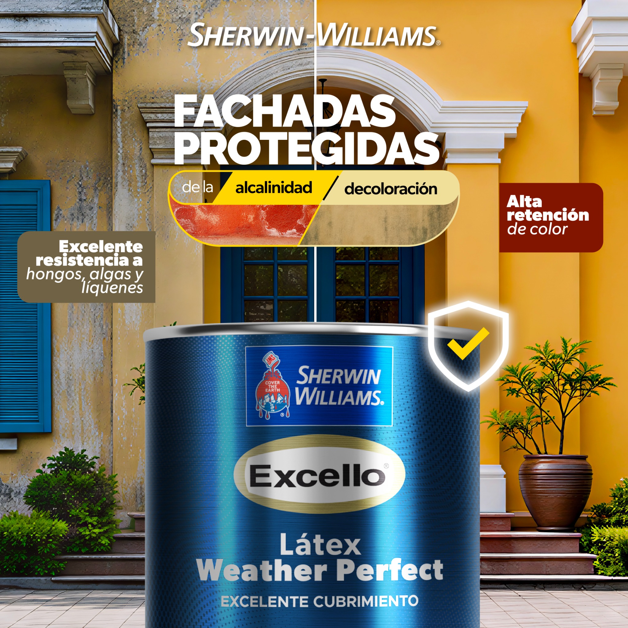 SHERWIN WILLIAMS DE CENTRO AMERICA Facebook ad: ¡Fachadas protegidas con Excello Látex Weather Perfect!