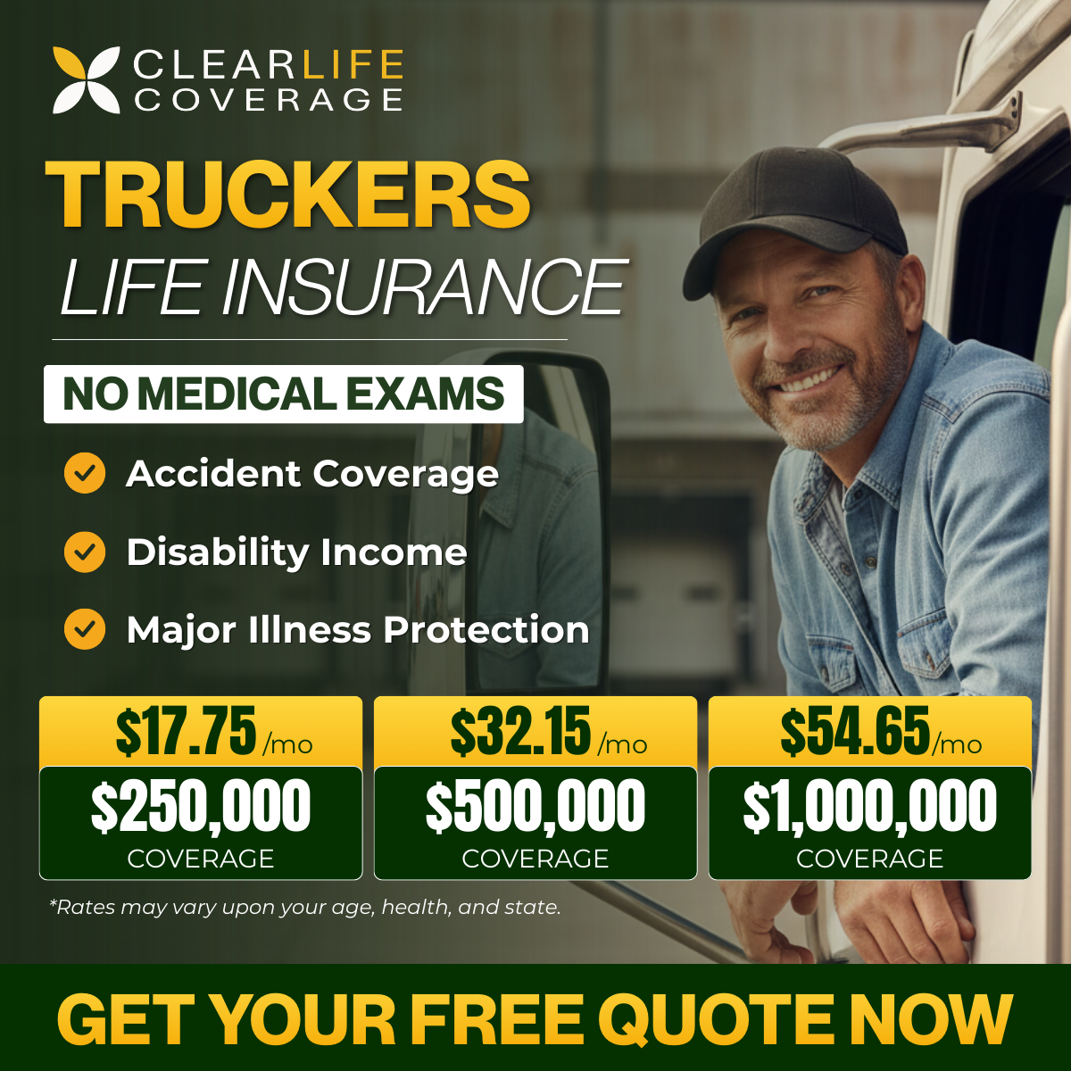 ClearLife Coverage Facebook ad: NO BLOODWORK. EASY APPROVAL FOR TRUCK DRIVERS