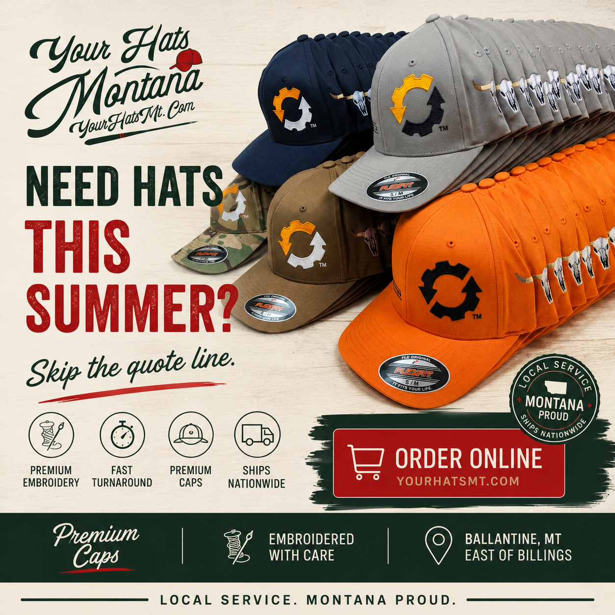 Your Hats MT Facebook ad: Get Hats in 3 Weeks