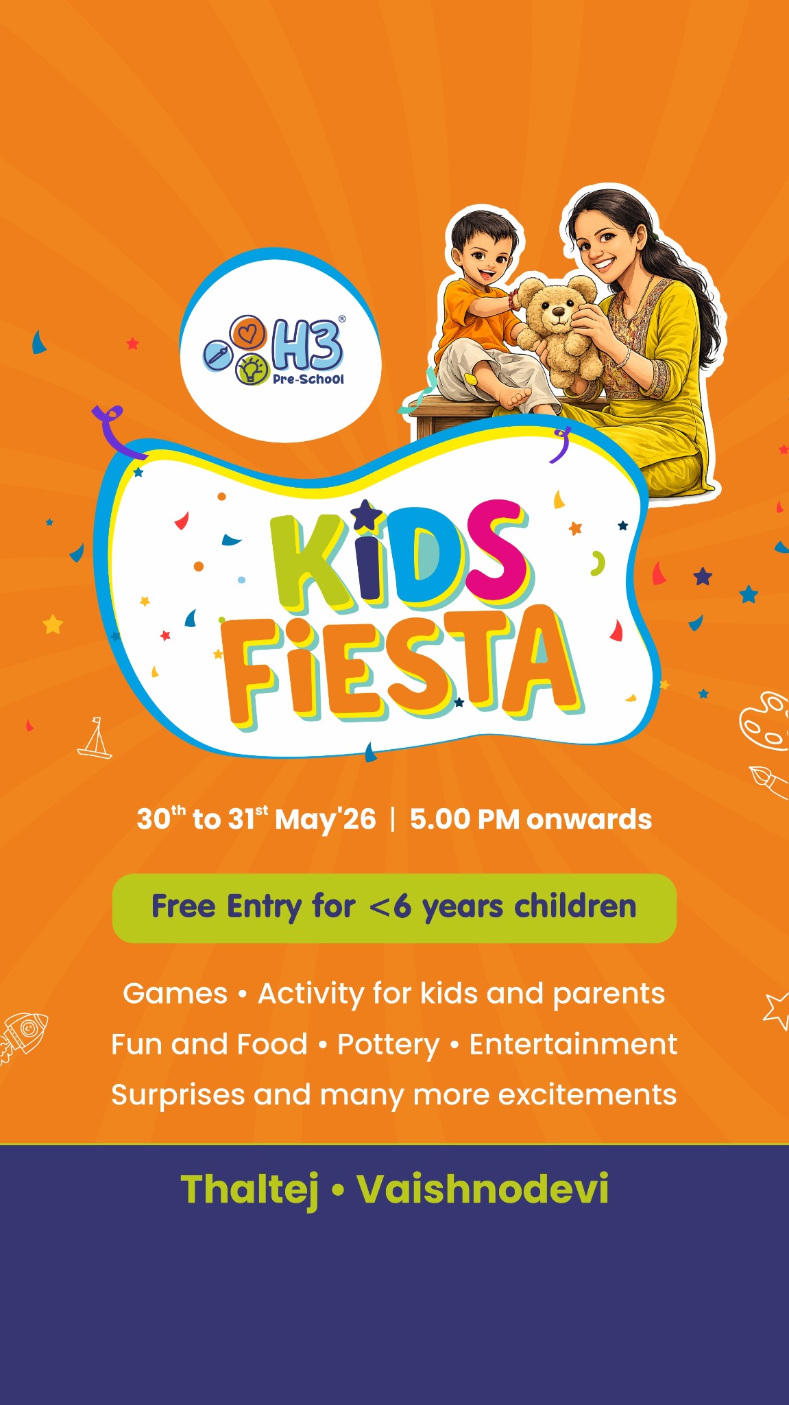 H3 Preschool Facebook ad: Free Entry Kids Fiesta in H3 Thaltej & Vaishnodevi