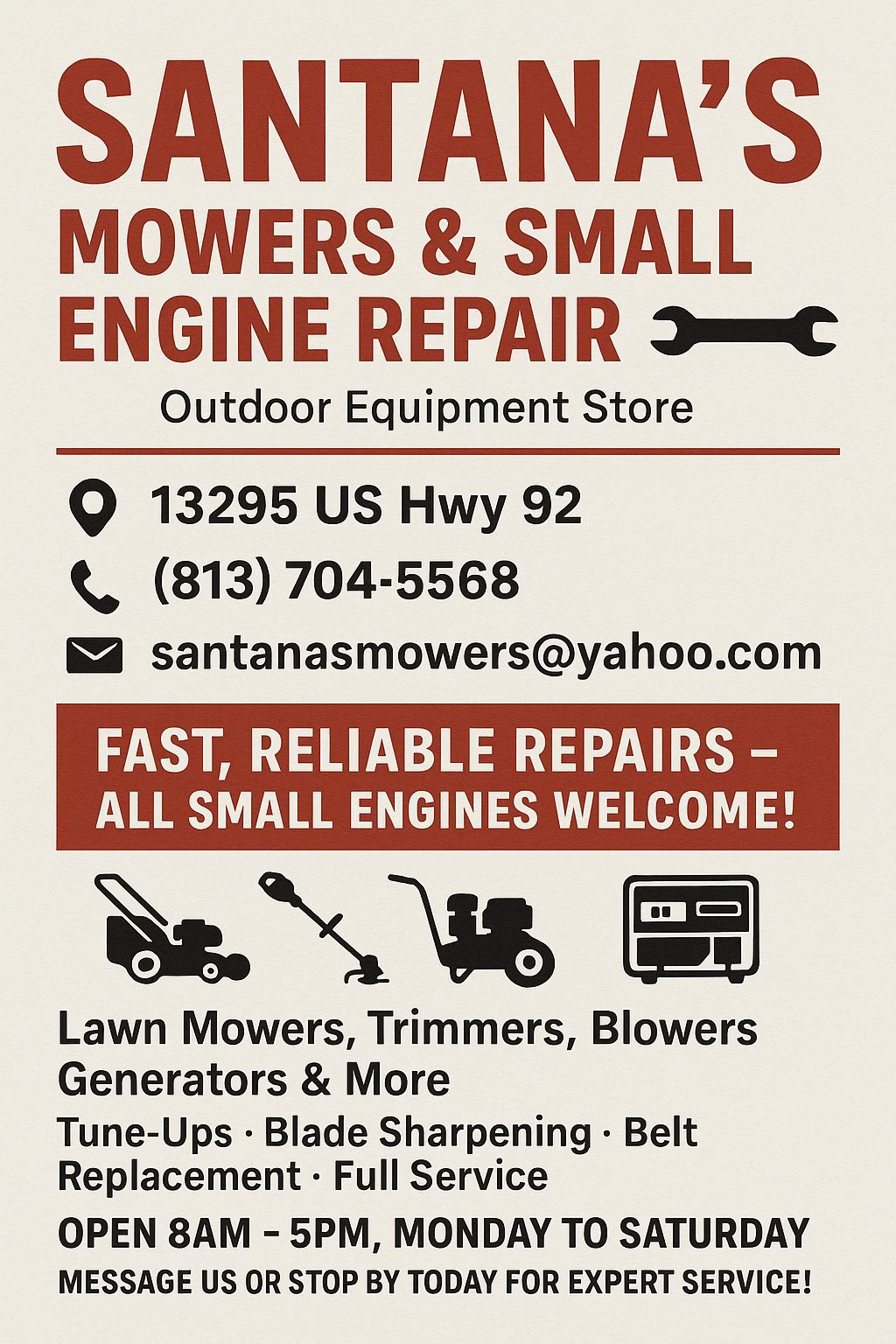 Santana’s Mowers & Small Engine Repair Inc Facebook ad: Your friendly neighborhood lawn Equipment and Powersports…