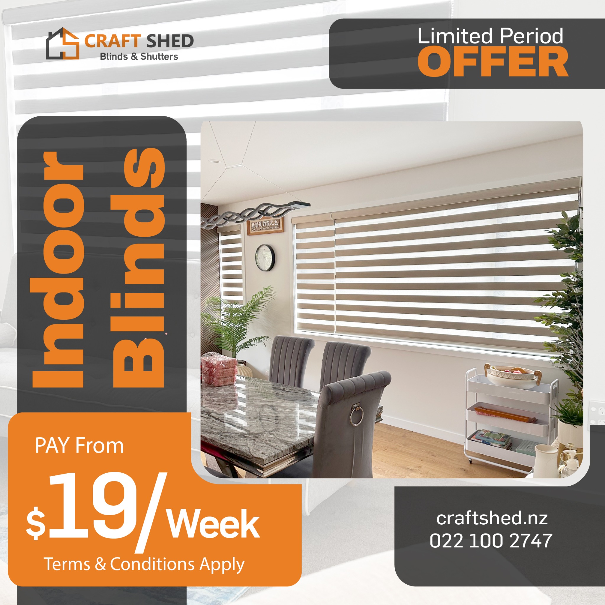 Craft Shed Blinds & Shutters Auckland Facebook ad: Get Premium Indoor Blinds - Free Measure & Quote!
