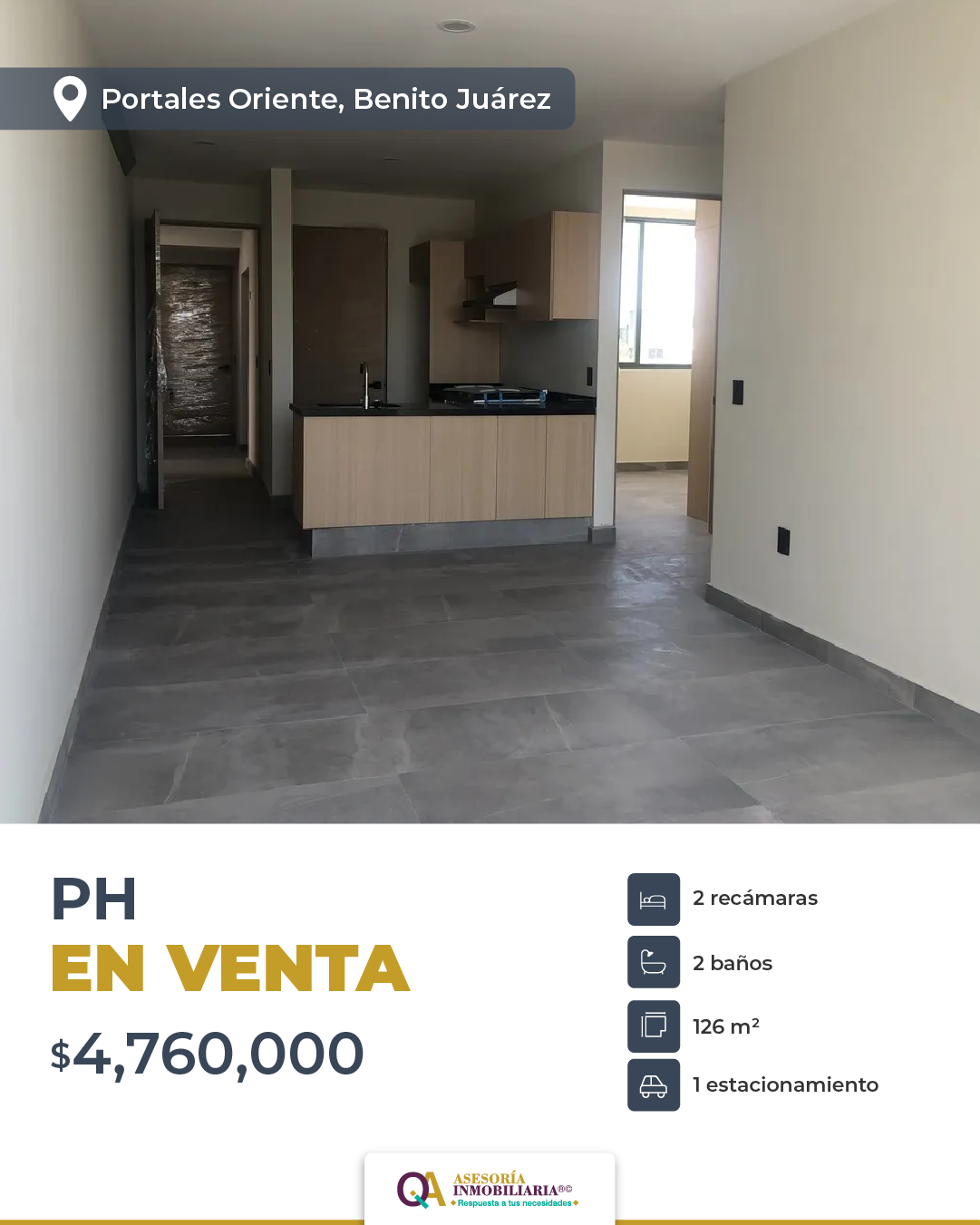 QiA Inmobiliaria Facebook ad: Departamento en Portales Oriente, Benito Juárez.