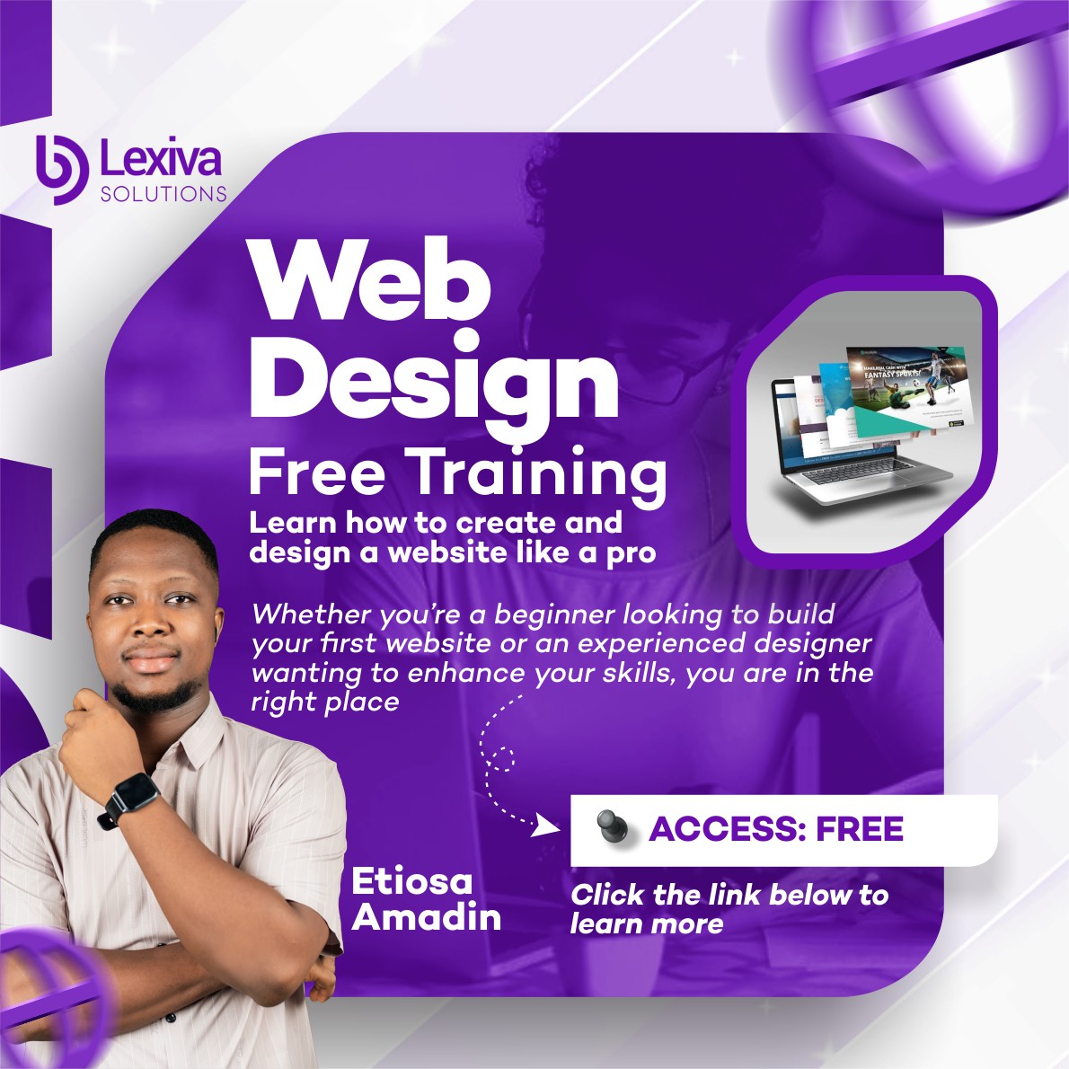 Etiosa Amadin Facebook ad: Master WordPress Web Design, 100% Free Training!
