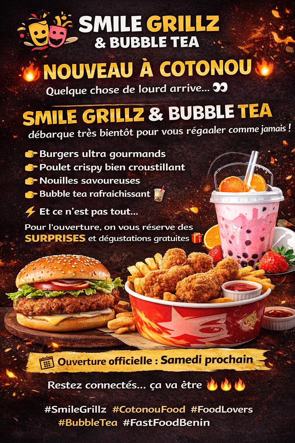 Smile Grillz & bubble tea Facebook ad: NOUVEAU À COTONOU