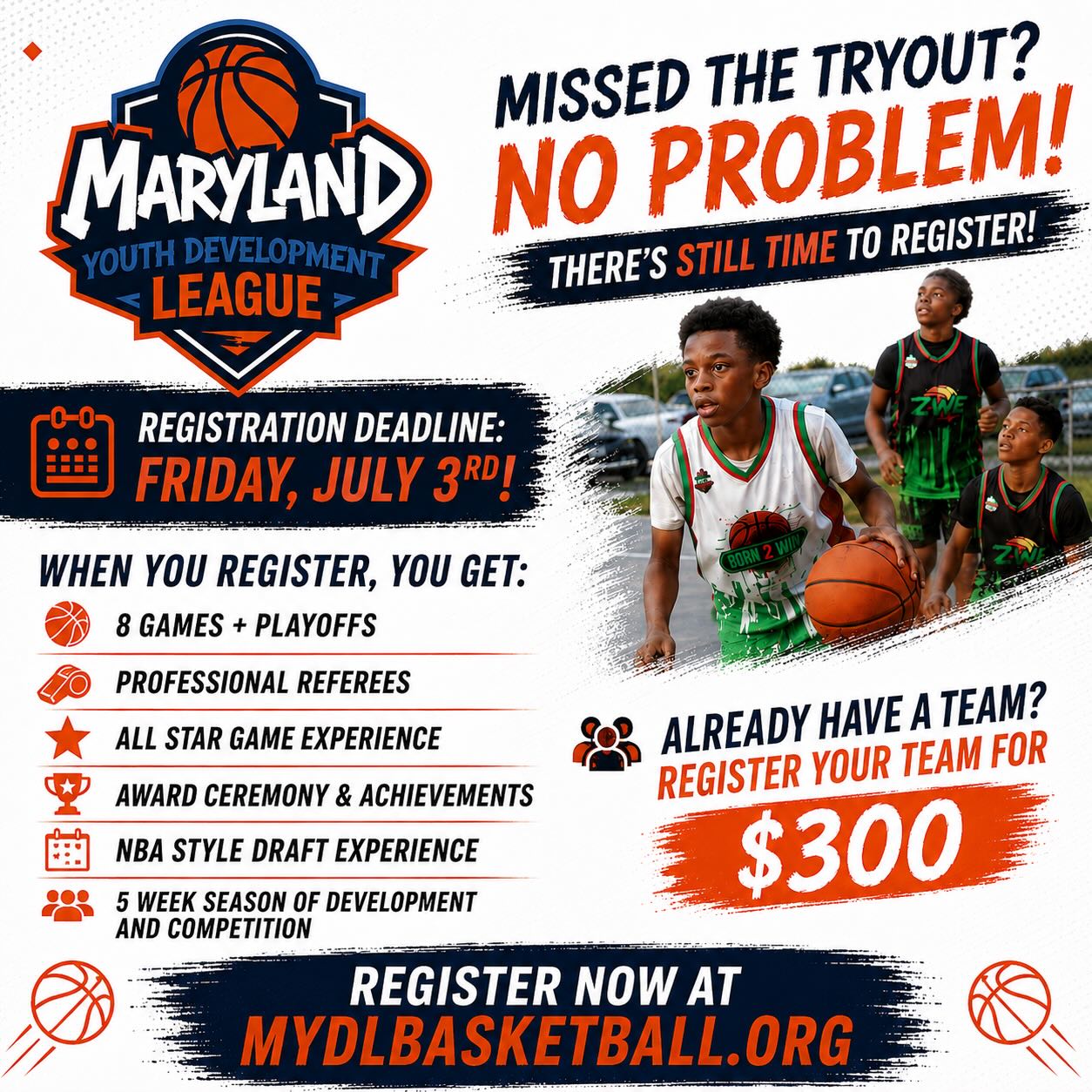 marylandyouthdevelopmentleague Facebook ad: **MISSED TRYOUTS? YOU’RE STILL IN THE GAME!**