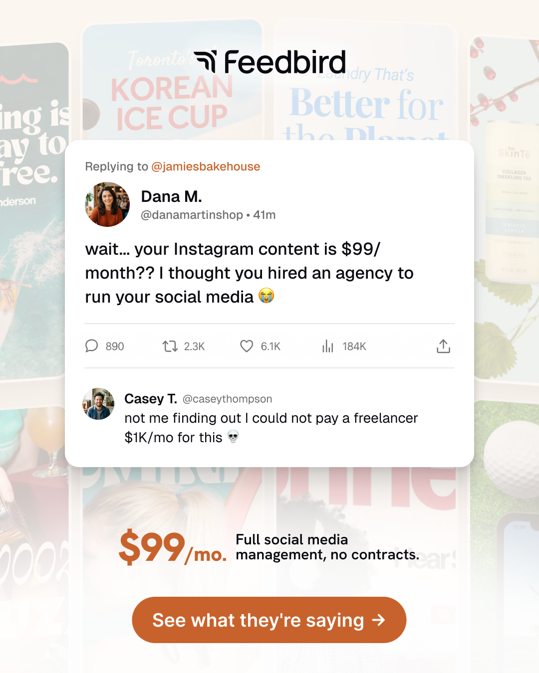 Feedbird Facebook ad: Social media, handled - $99/mo