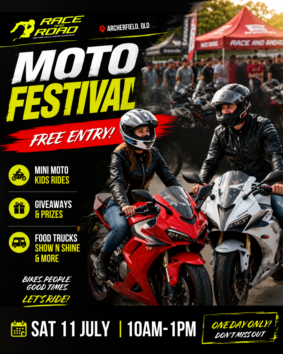 RACE and ROAD Facebook ad: Free Event: Moto Festival - Sat 11 June!
