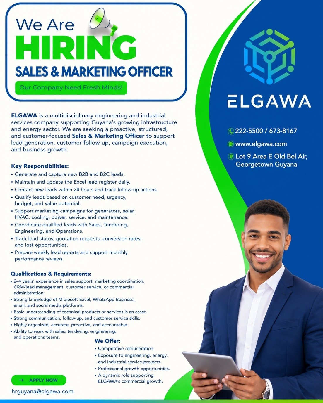 Elgawa Guyana Facebook ad: We're Hiring: Sales & Marketing Officer!