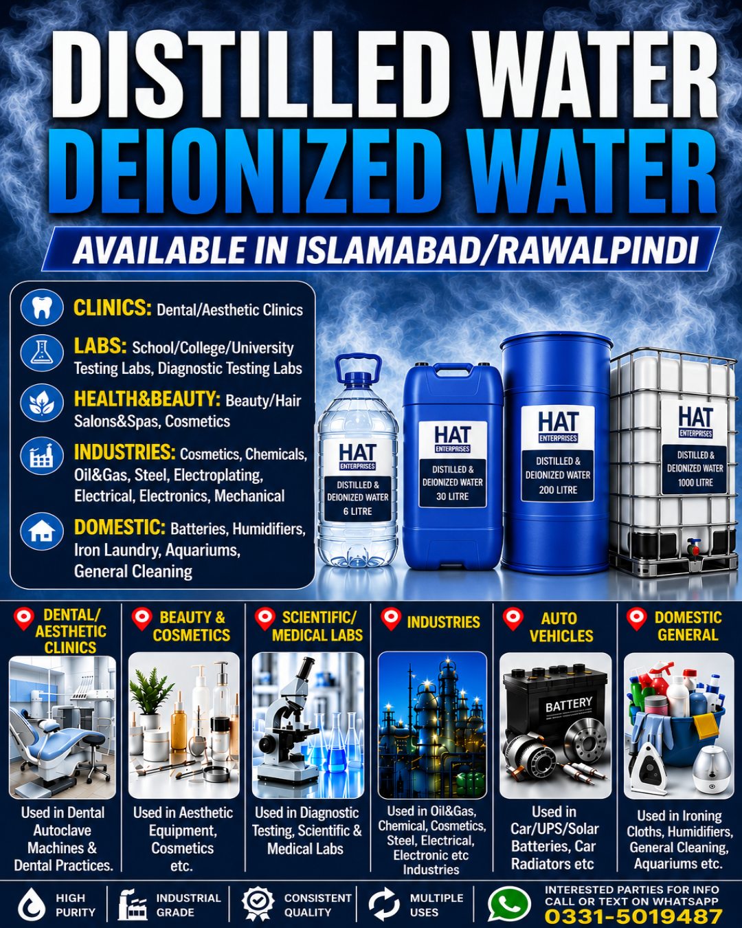 HAT Distilled Water Facebook ad: Pure Distilled & Deionized Water available in Islamabad…