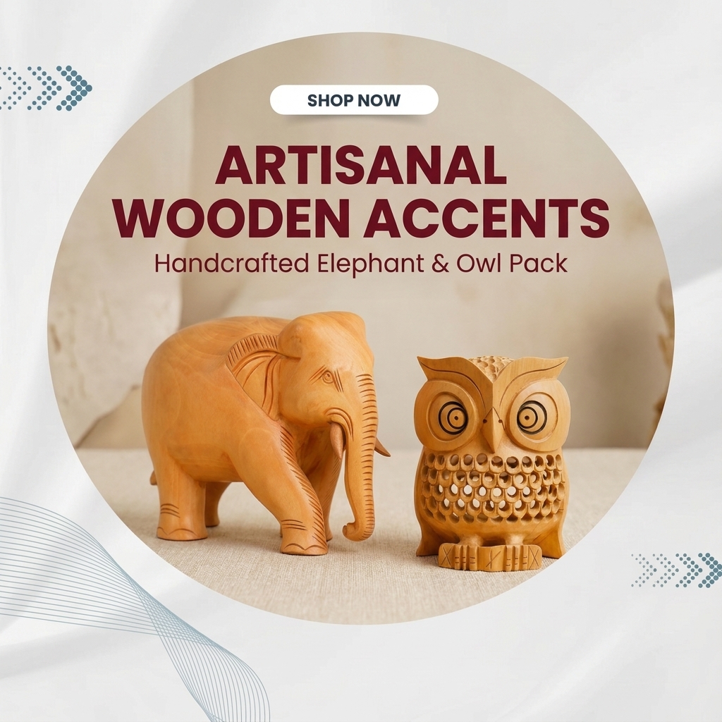 Shop Next Facebook ad: Buy Handcrafted Wooden Elephant & Owl Showpiece Pack!