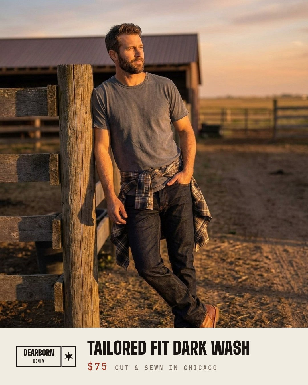 Dearborn Denim & Apparel Facebook ad: Stretch That Holds Its Shape.