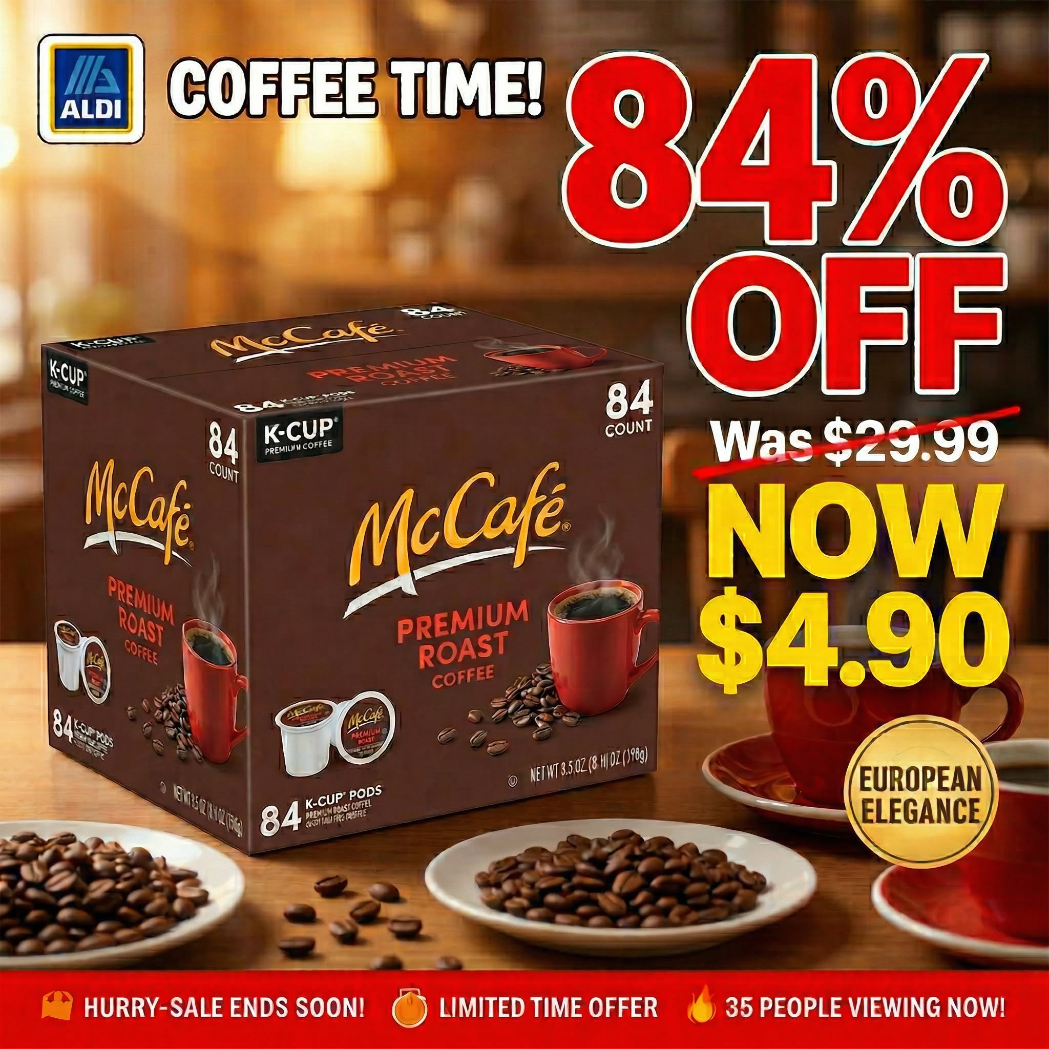 Simply ALDI Deals Facebook ad: 84% OFF McCafé Premium Roast, ALDI Quality Guaranteed!