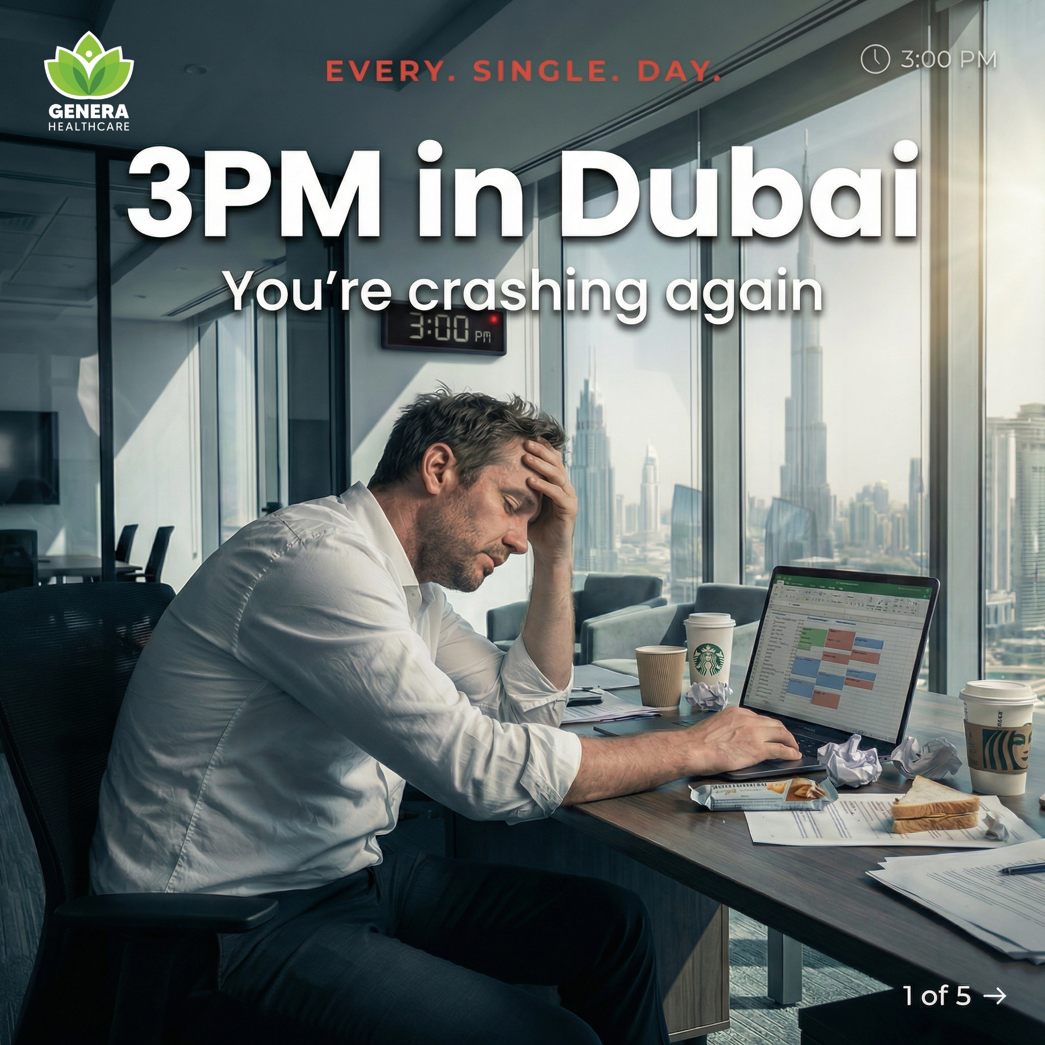 Genera Healthcare Facebook ad: 3PM in Dubai.