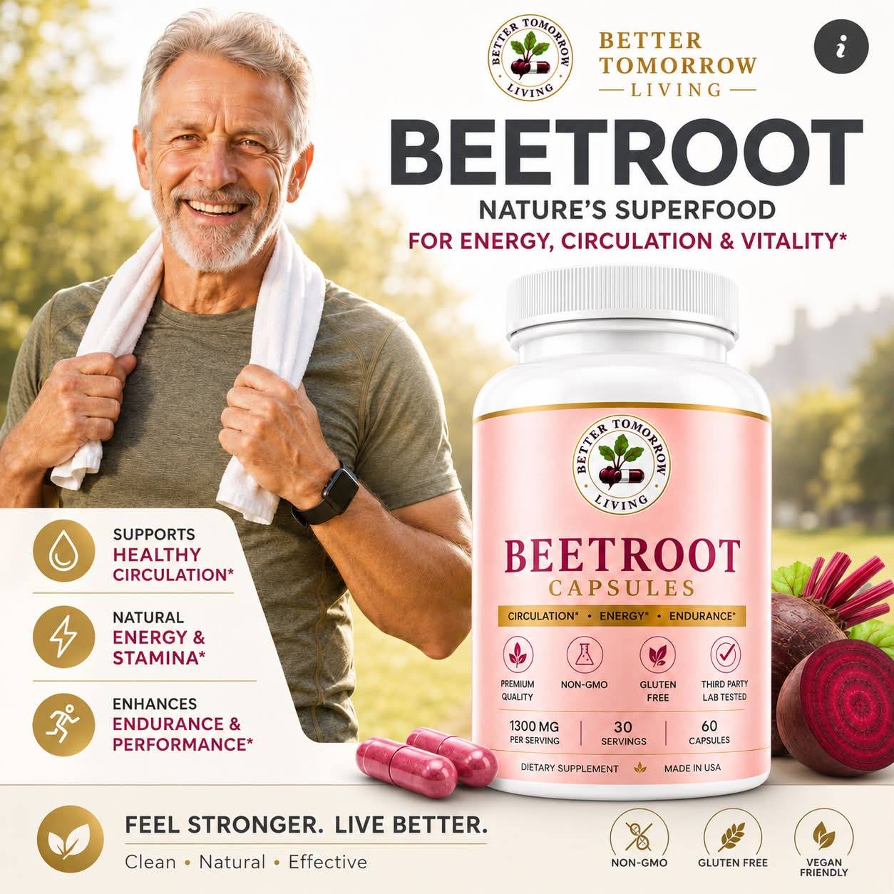 Better Tomorrow Living Facebook ad: FEEL STRONGER. LIVE BETTER.