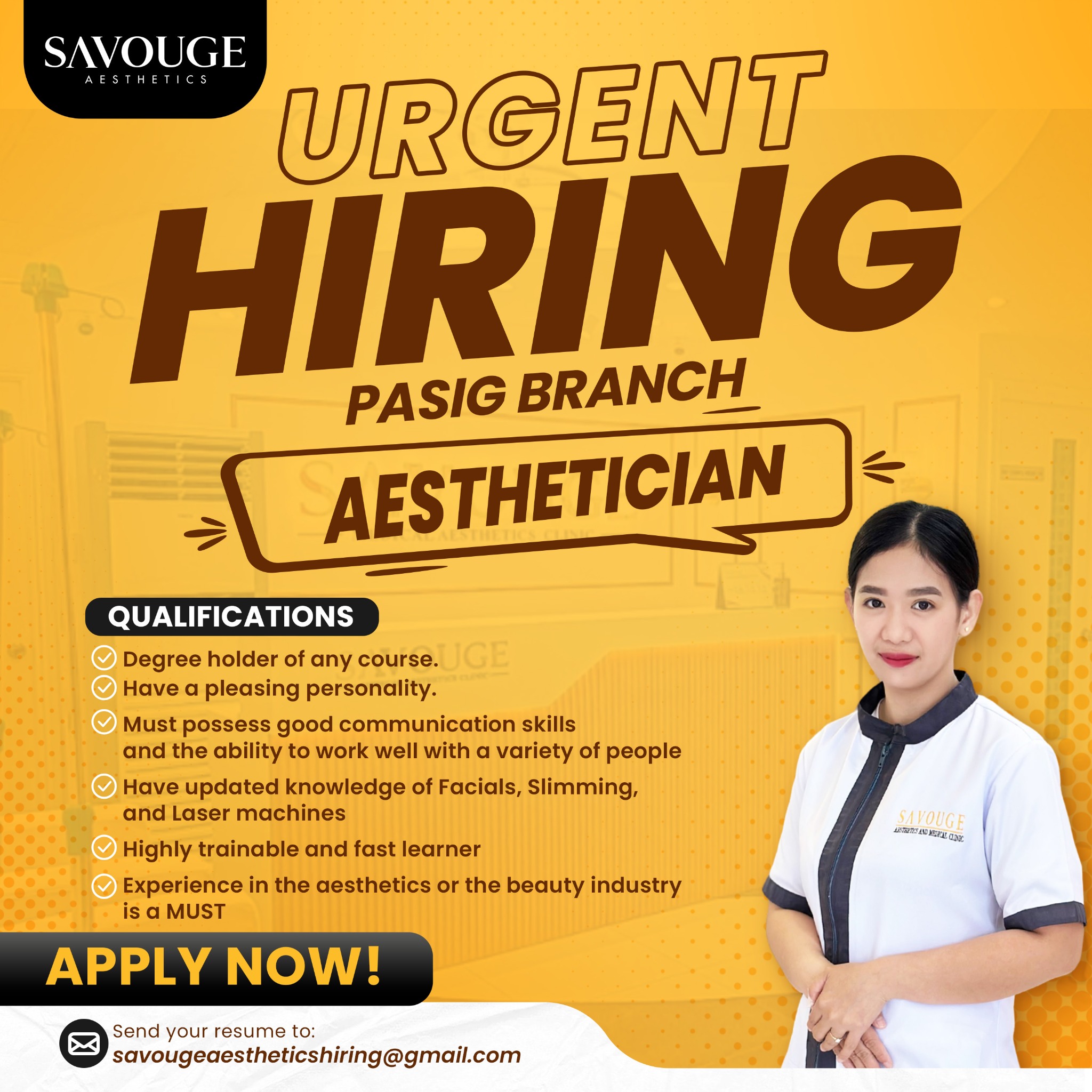 Opportunities by Savouge Aesthetics Facebook ad: HIRING, AESTHETICIAN in Pasig