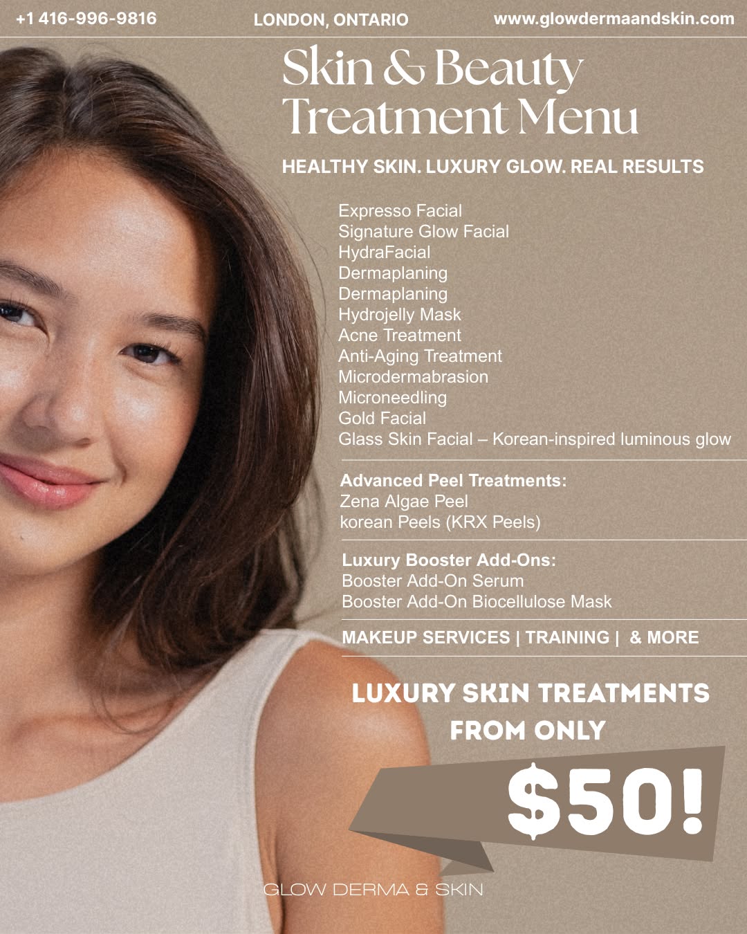Glow Derma and Skin Facebook ad: LUXURY FACIALS STARTING AT $50