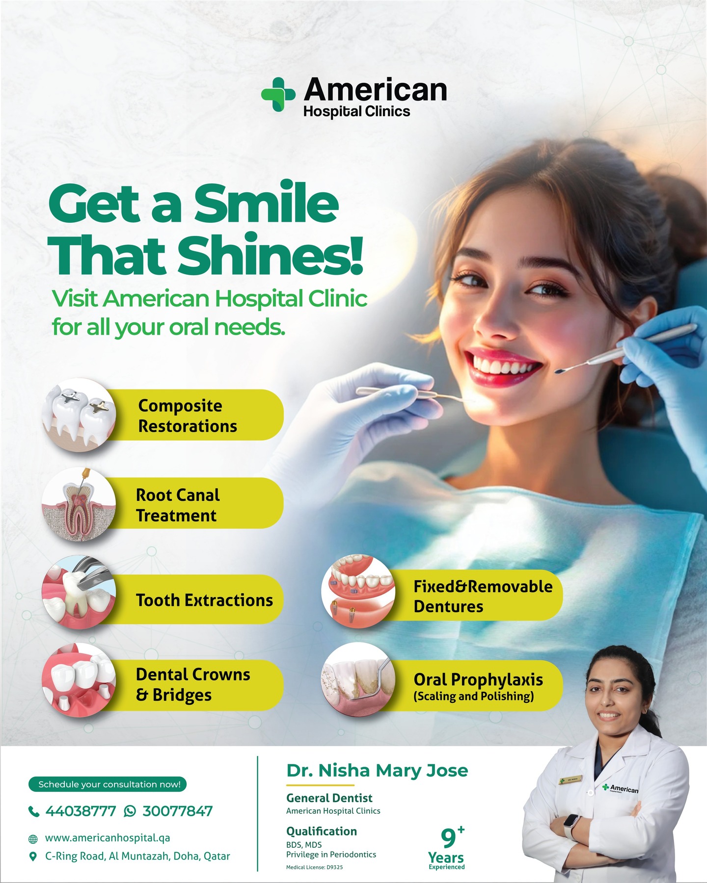 American Hospital Clinics DOHA Facebook ad: قابلوا طبيبة الأسنان المتميزة, الدكتورة نيشا ماري جوزي