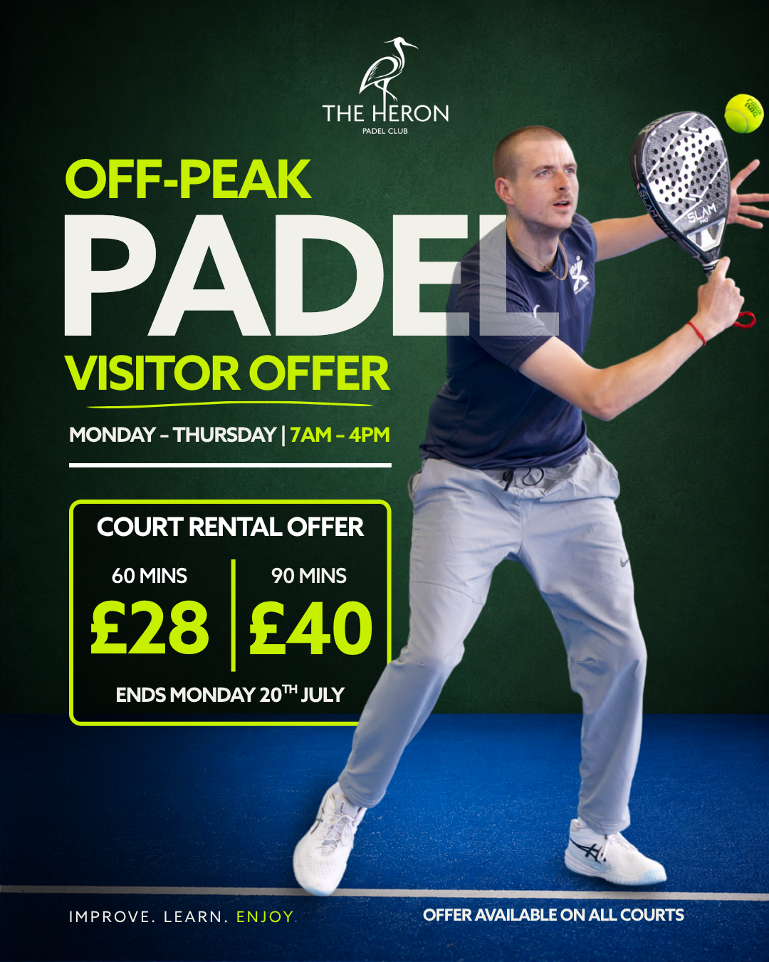 The Heron Padel Club Facebook ad: Off Peak Padel Visitor Offer
