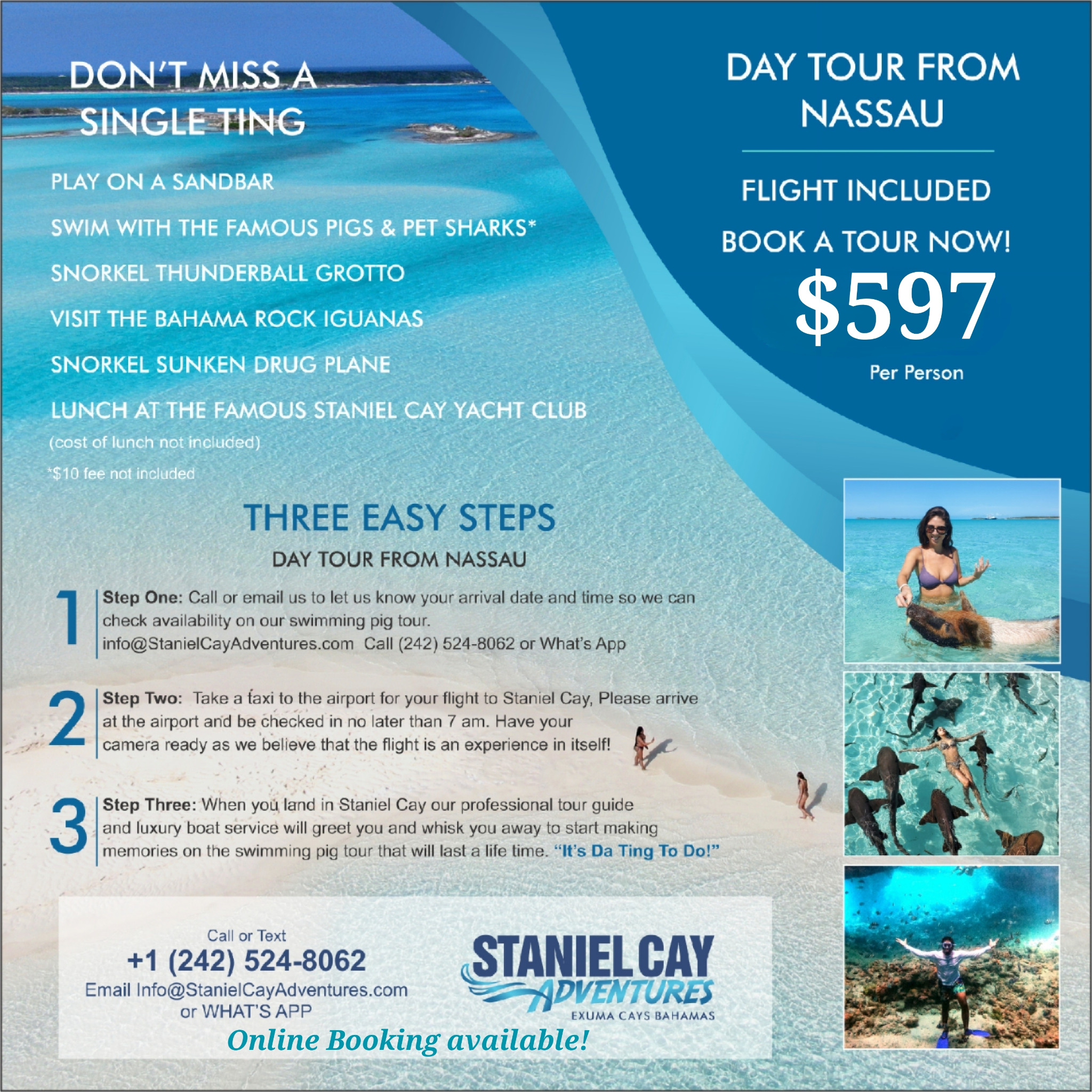 Staniel Cay Adventures Facebook ad: Bahamas Swimming Pigs Tour Starting at $597 pp