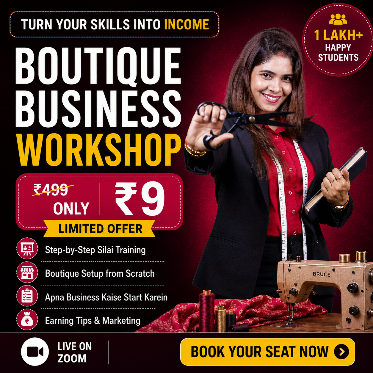 Nisha Lalit Vlogs Facebook ad: Zoom Live Demo Class @ ₹9 Only