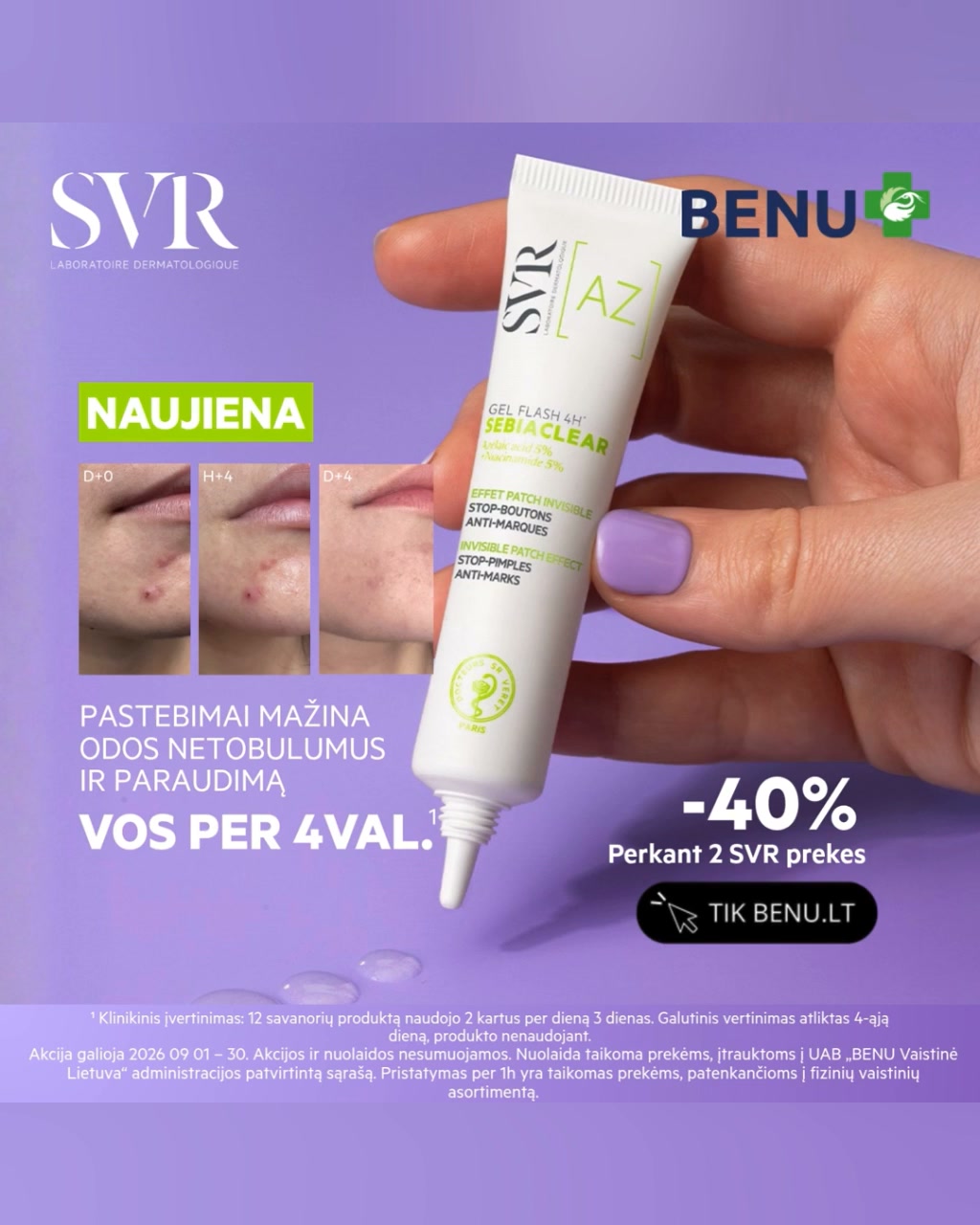 BENU Vaistinė Facebook ad: Poveikis per 4 val.¹ Sutaupyk 40 %.