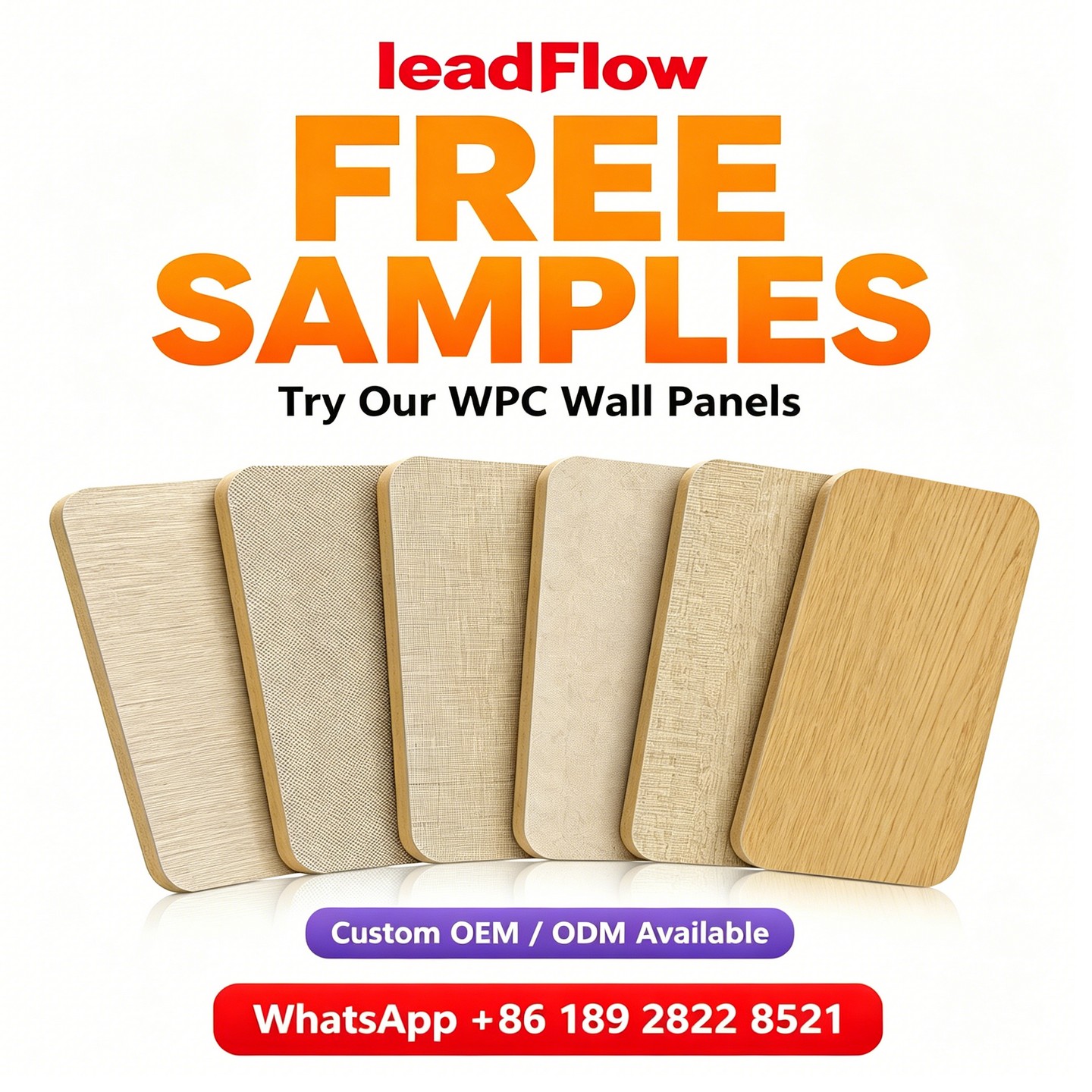 LeadFlow Wall Panel Facebook ad: Get FREE wall panel samples, feel 6 textures…