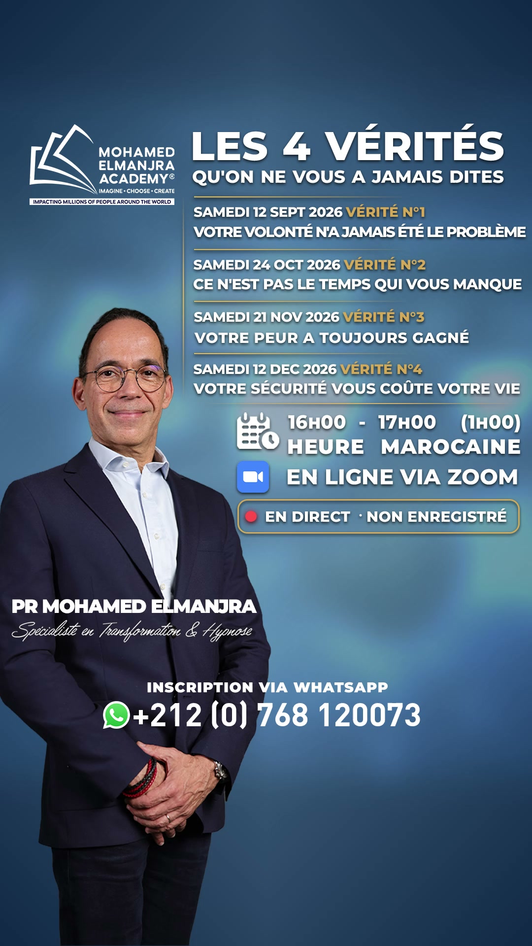 Mohamed Elmanjra Facebook ad: LES 4 VÉRITÉS | 12 SEP - 24 OCT - 21 NOV - 12 DÉC|