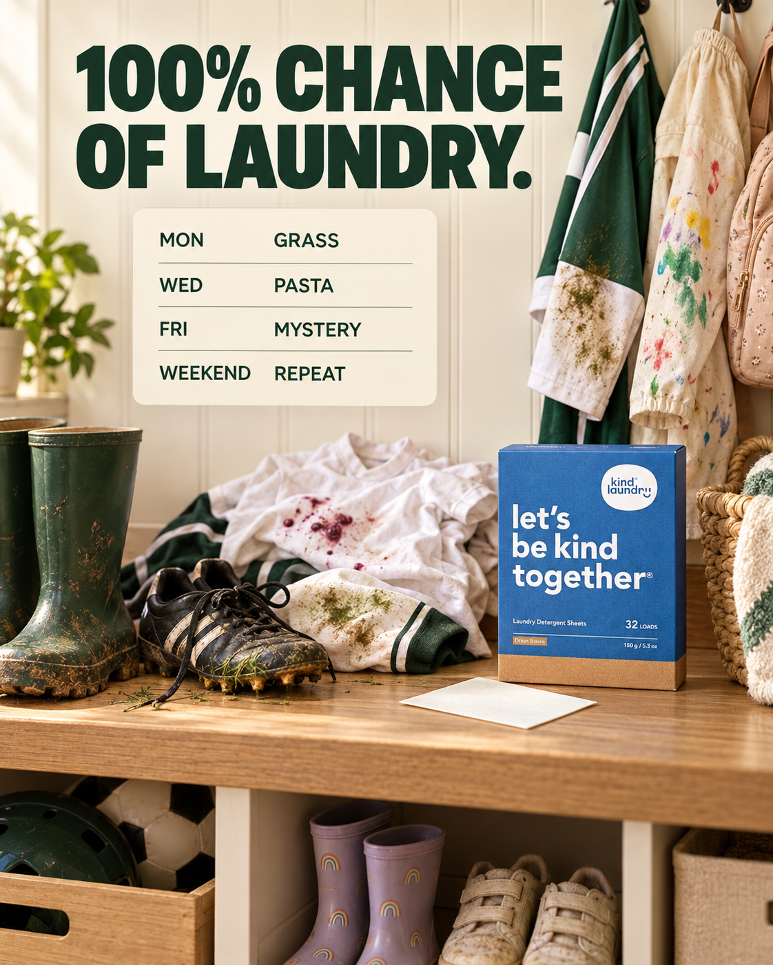 Kind Laundry Facebook ad: 7 Enzymes. Because Stains Don't Pick One Category.