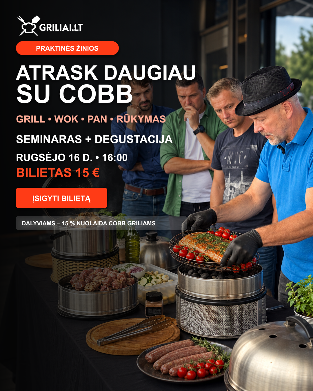 Griliai.lt Facebook ad: Kepame su COBB, grilio seminaras ir degustacija