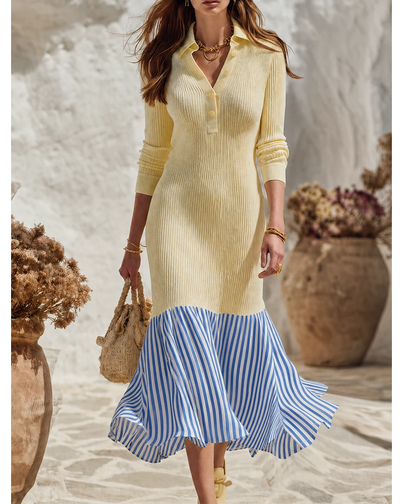LuneMuse Facebook ad: Resort-style Collared Long-sleeved Striped Hem Midi Dress