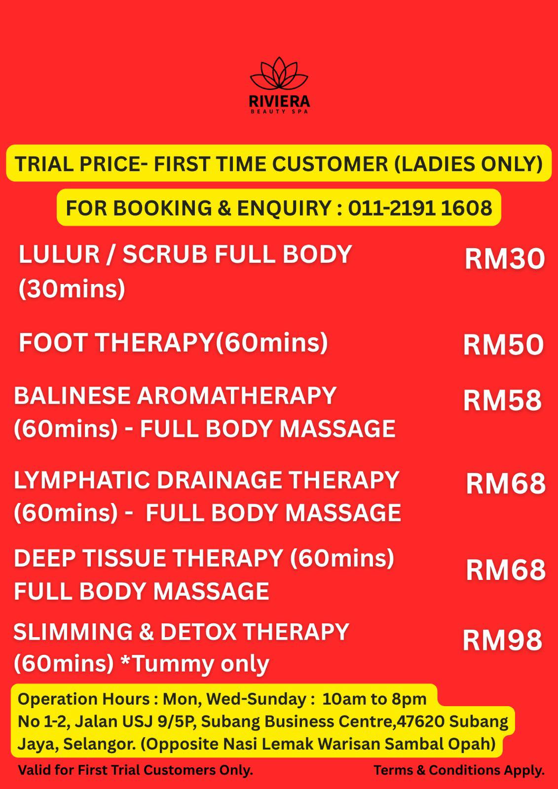 Riviera Beauty Spa Facebook ad: HARGA TRIAL SERENDAH RM30!