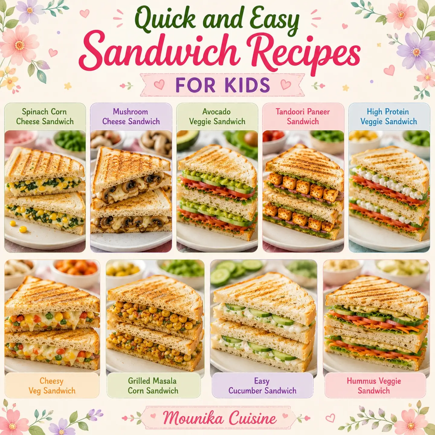 Mounika Cuisine Facebook ad: Quick & Easy Sandwich Recipes for Kids!