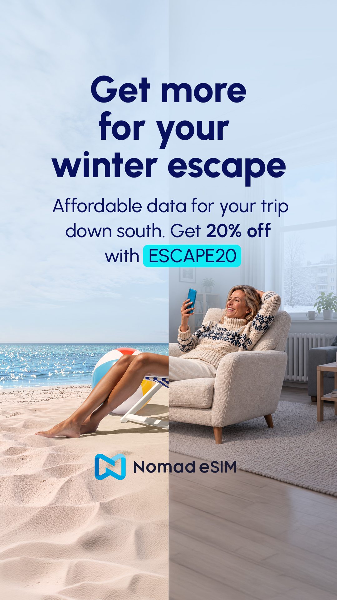 Nomad Esim Facebook ad: Save 20% on Your Winter Escape