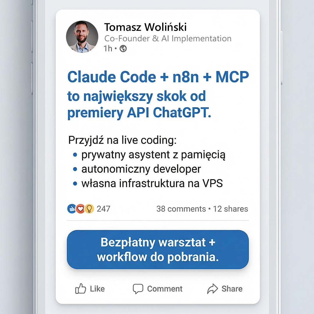 Stormit - Tomasz Woliński Facebook ad: Zapisz się na warsztaty i zacznij budować agentów AI