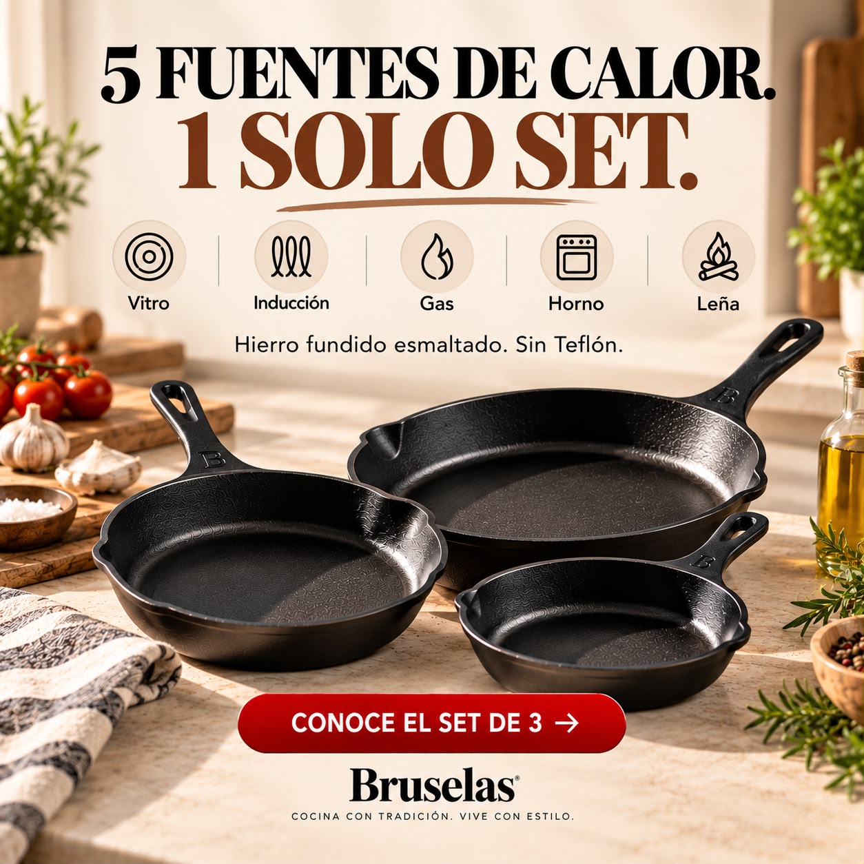Bruselas Cocina Spain Facebook ad: 5 fuentes de calor. 1 solo set.