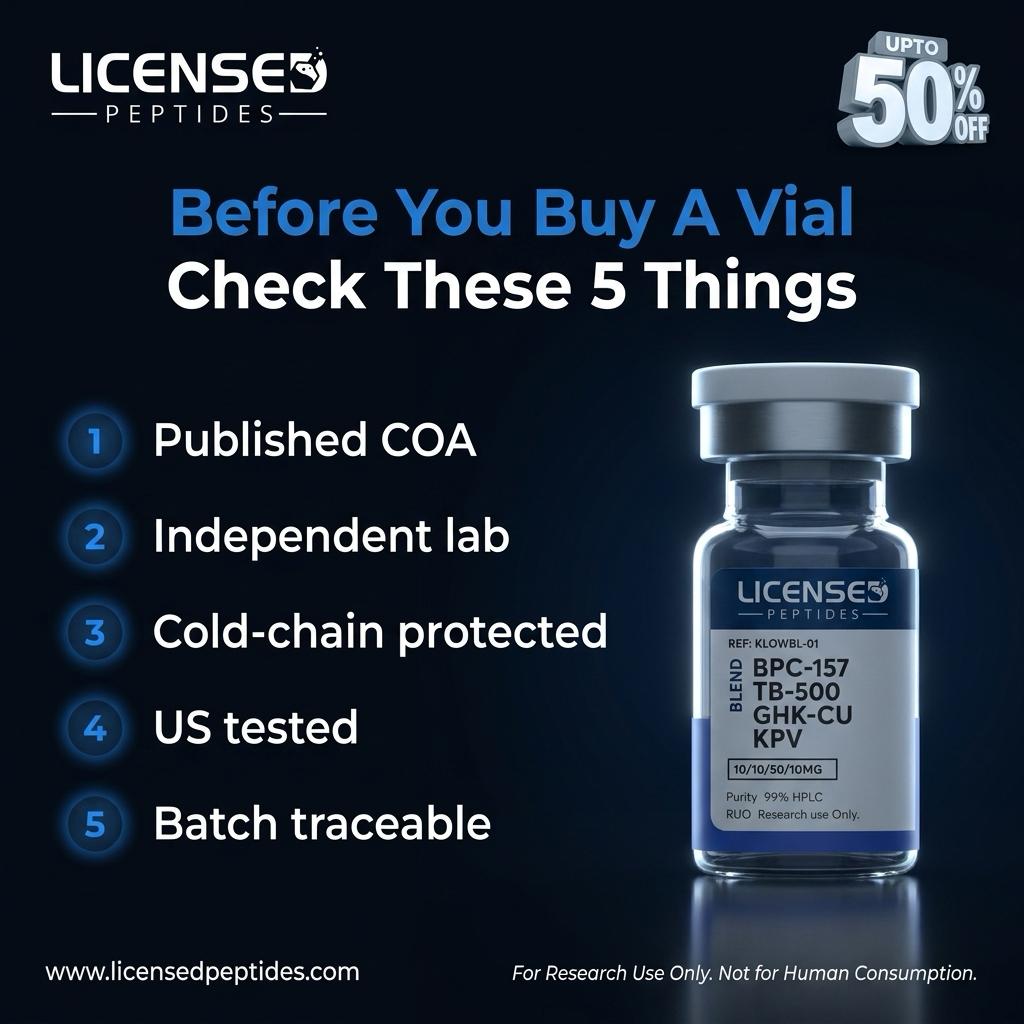 LicensedPeptides.com Facebook ad: Every Batch. 6X Tested. Publicly Verified.