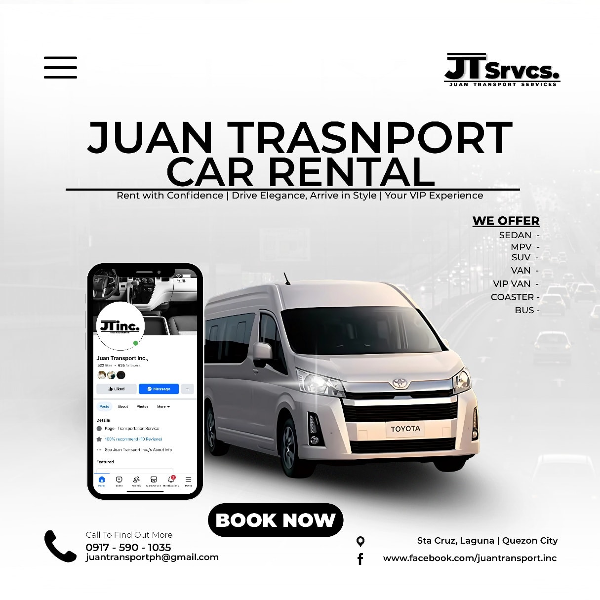 Juan Transport Services Facebook ad: Group Travel, Redefined with Juan Transport