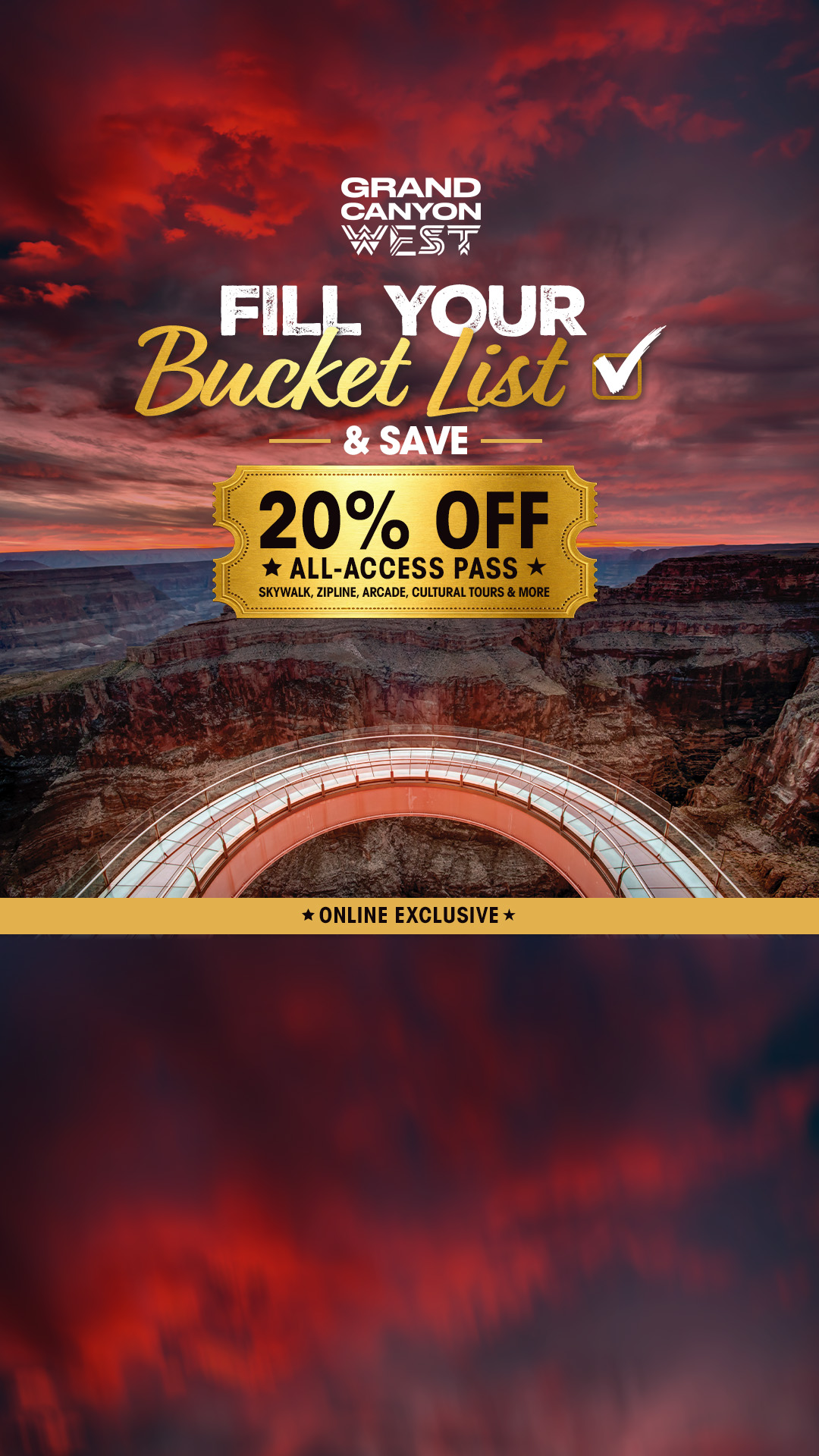 Grand Canyon West Facebook ad: Bucket List Adventure: 20% Off