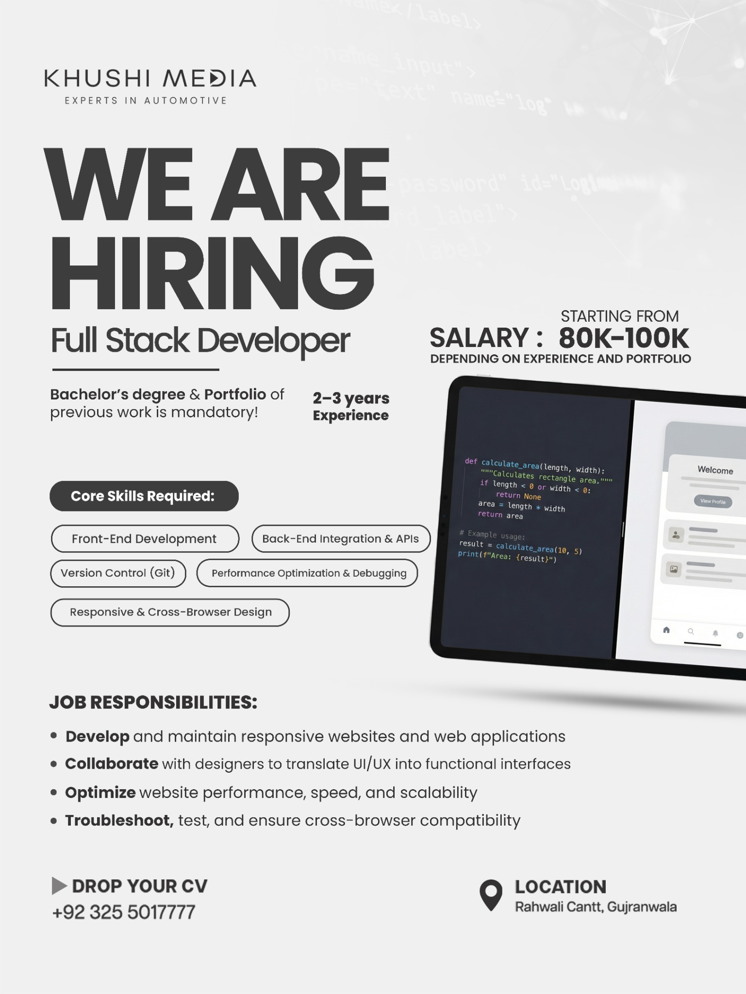 Khushi Media Facebook ad: Join Our Team as Full Stack Developer.