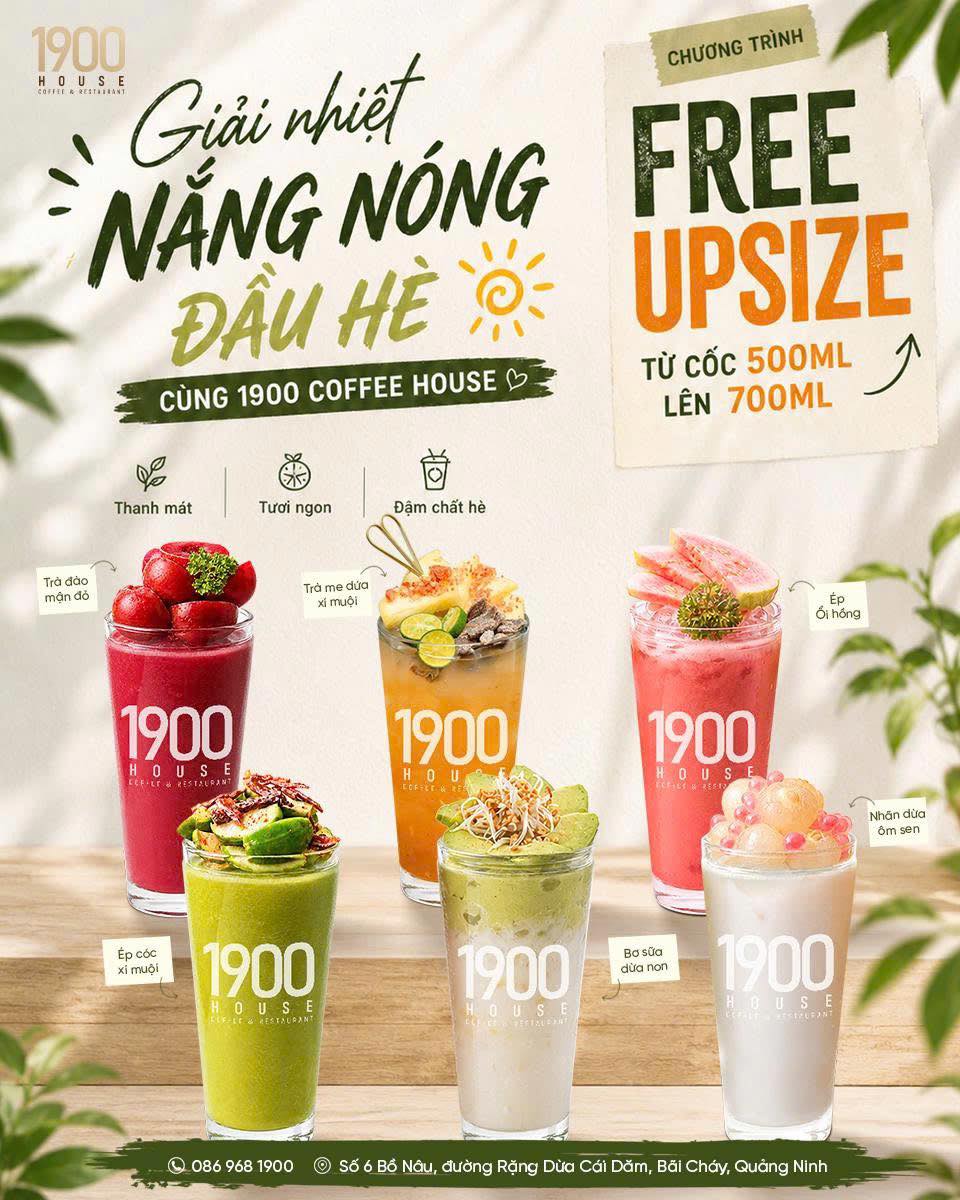 1900 Coffee House Facebook ad: FREE UPSIZE, GIẢI NHIỆT NẮNG NÓNG ĐẦU HÈ