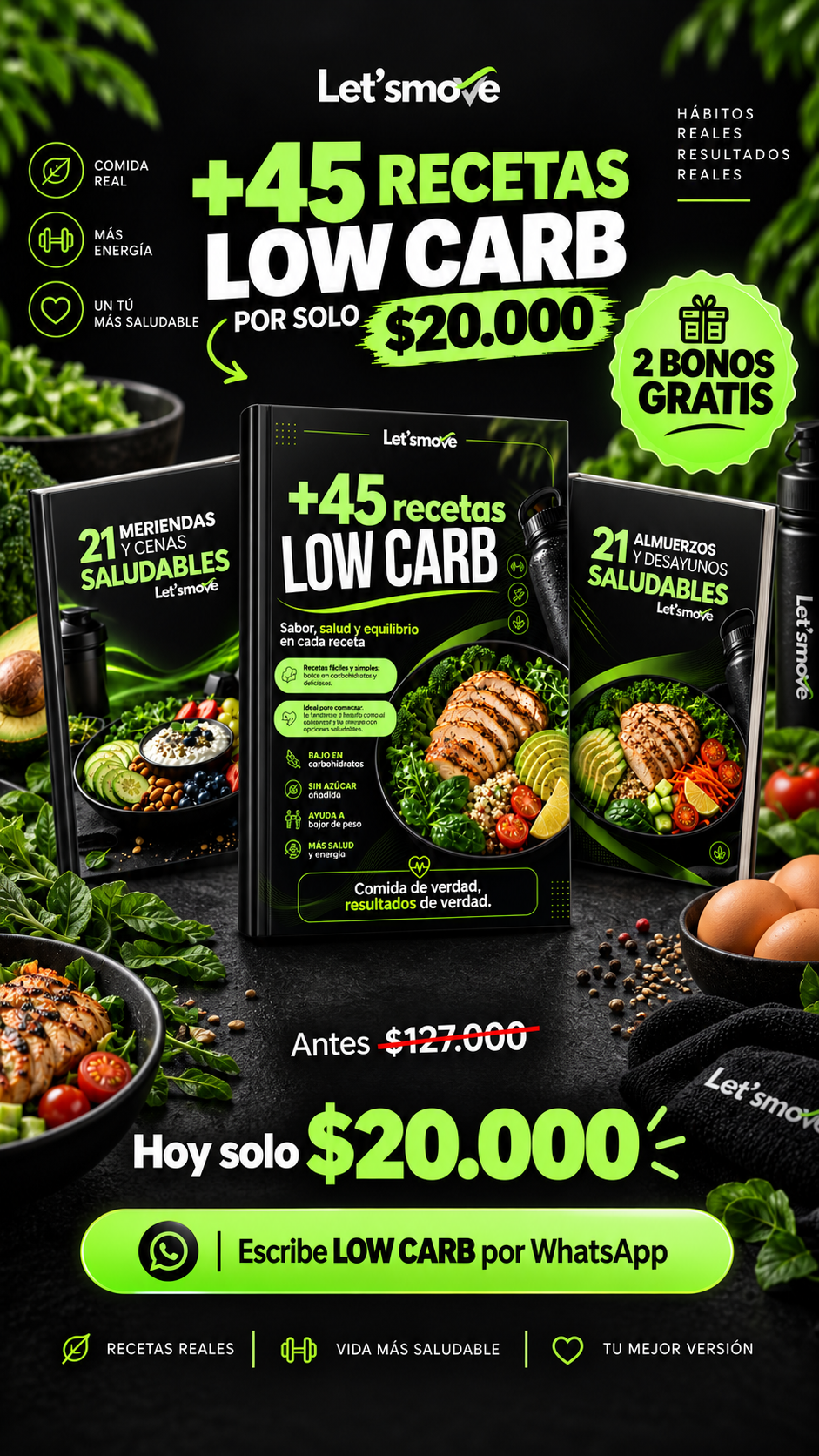 Letsmove Facebook ad: +45 Recetas Low Carb + 2 Bonos Gratis