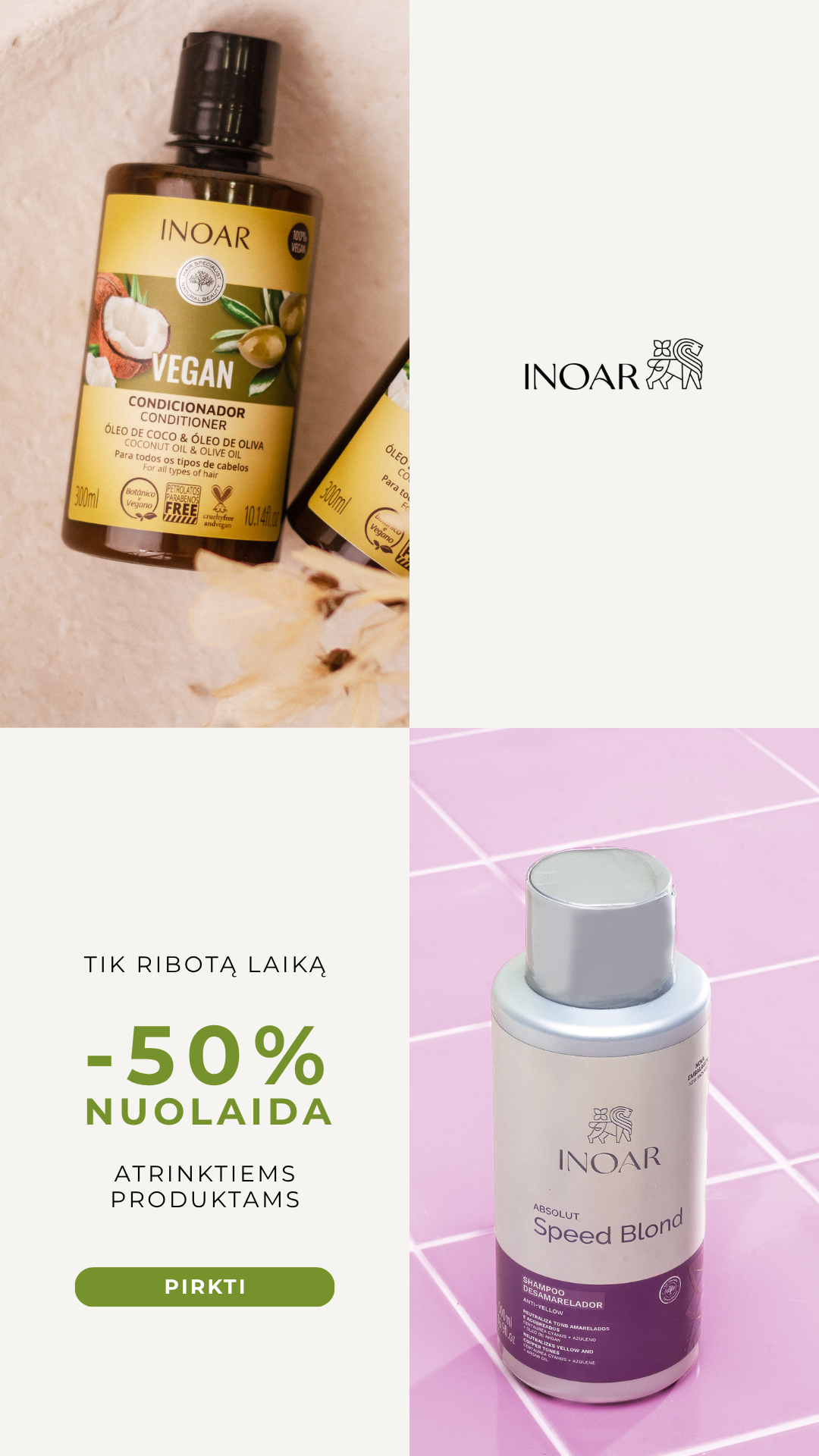 INOAR Lietuva Facebook ad: 50% nuolaida + DOVANOS perkant nuo 49€